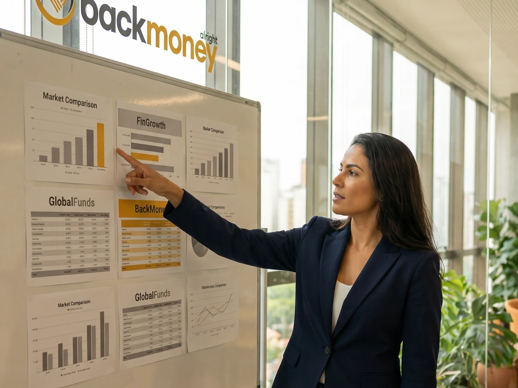 Executiva brasileira apontando para quadro branco com comparativo de mercado BackMoney destacado em âmbar dourado