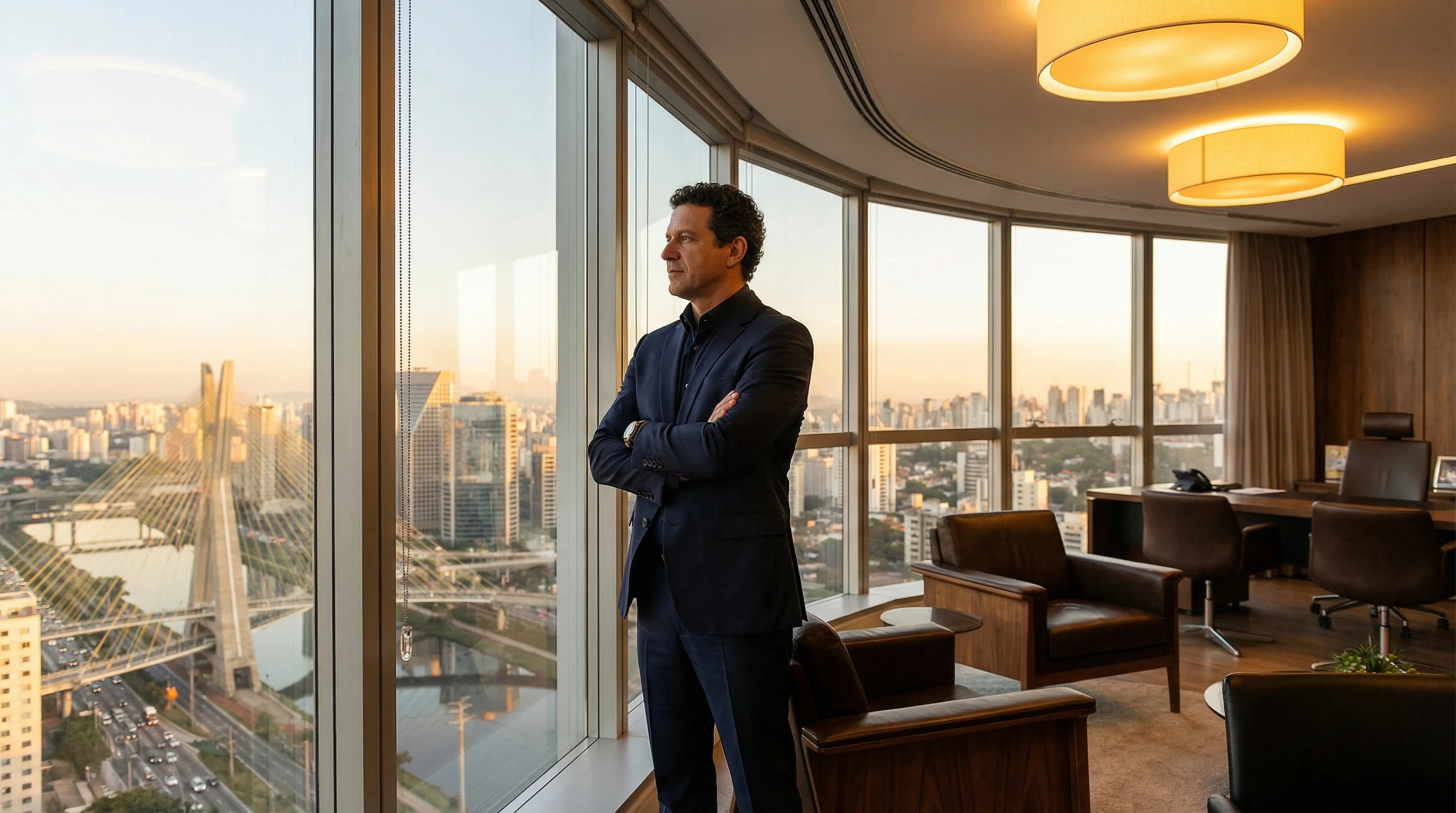 CEO brasileiro confiante em escritório executivo luxuoso com vista panorâmica da Ponte Estaiada e skyline de São Paulo ao entardecer dourado