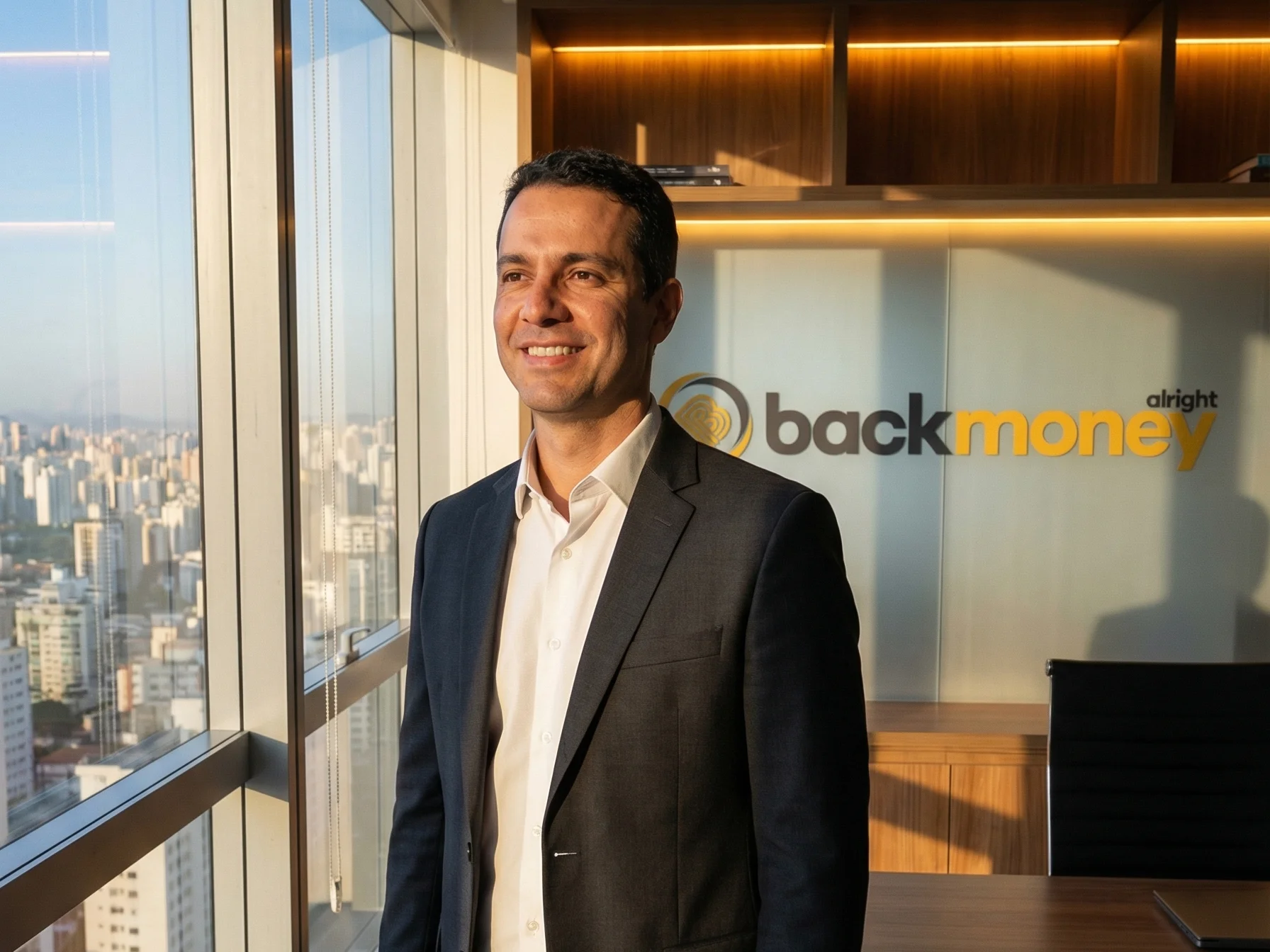 CEO da BackMoney em escritório executivo com vista panorâmica de São Paulo ao entardecer