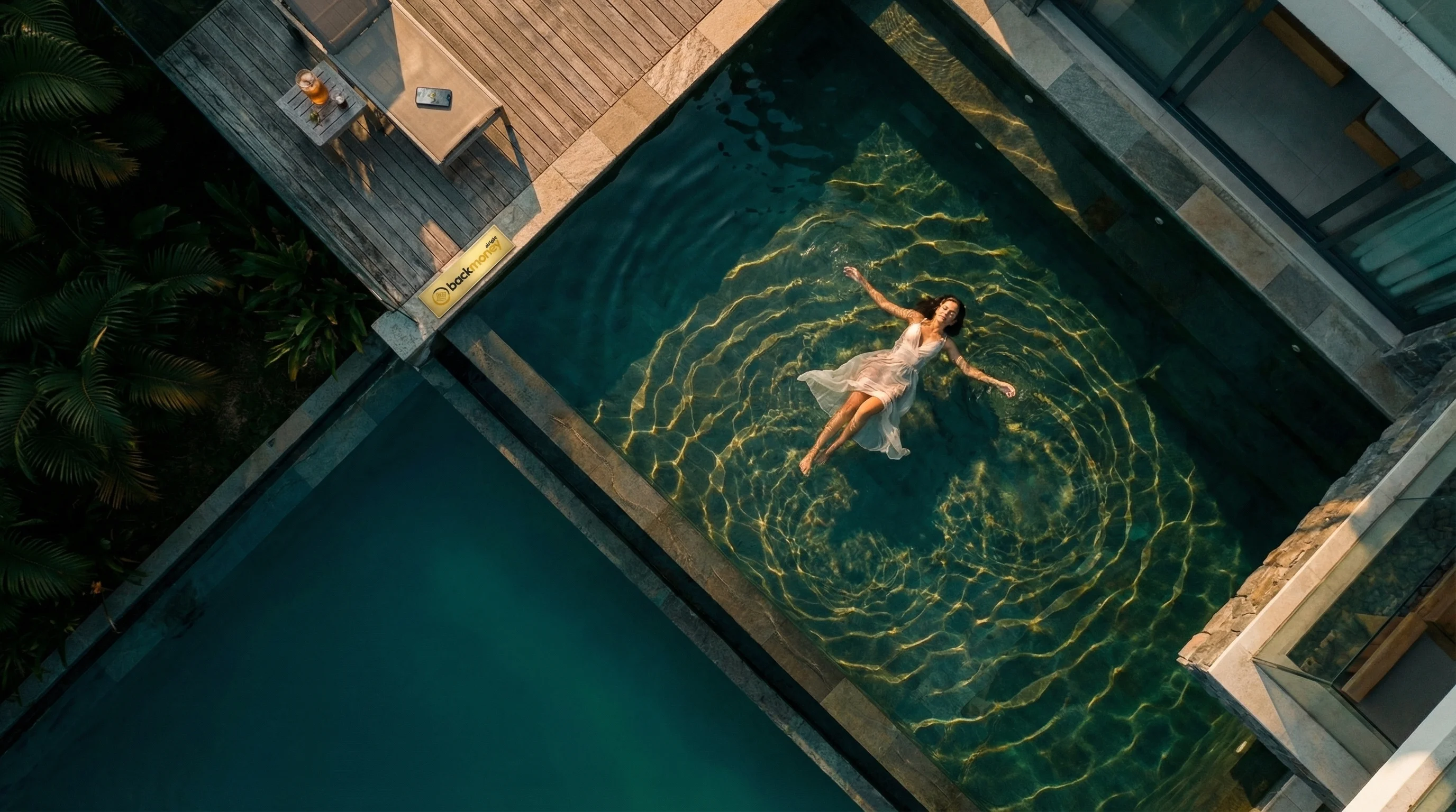Vista aérea de jovem brasileira relaxando em piscina de borda infinita ao pôr do sol dourado, representando o estilo de vida premium BackMoney