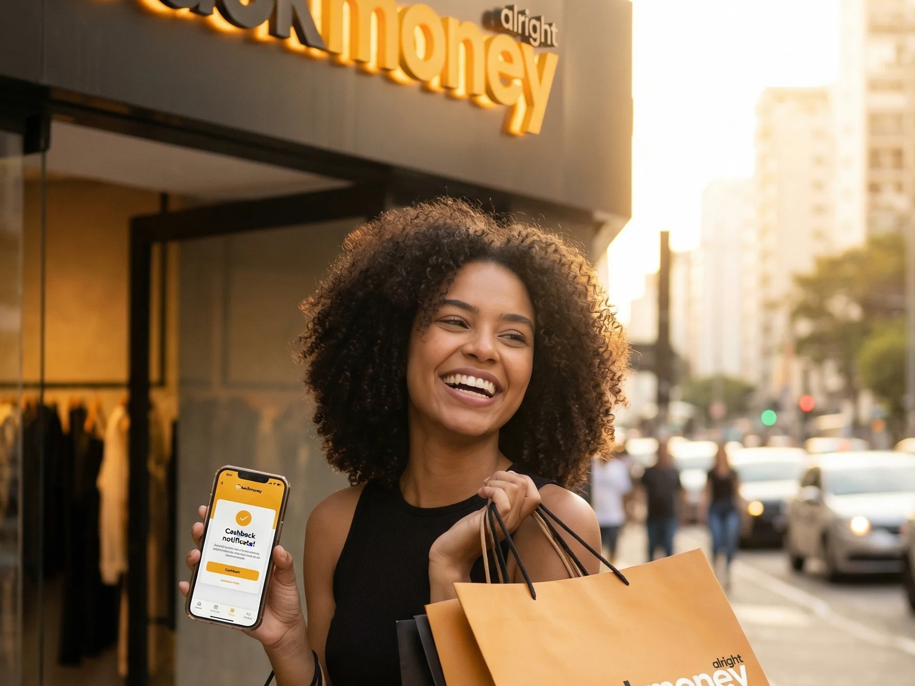 Jovem brasileira sorridente saindo de boutique BackMoney com sacolas branded e smartphone mostrando cashback no app
