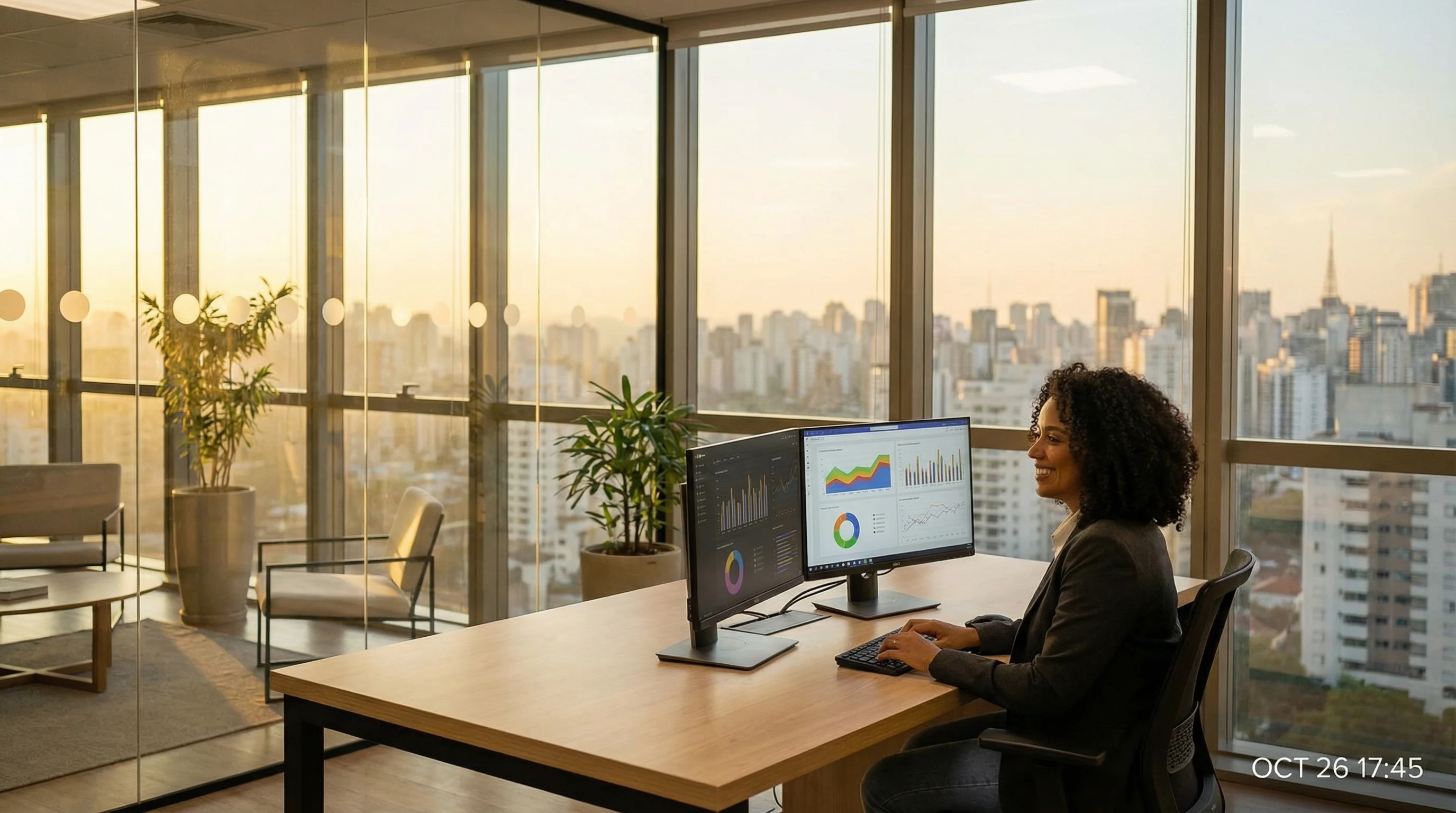 Analista de negócios brasileiro em escritório executivo com monitores exibindo gráficos de performance e skyline de São Paulo ao entardecer dourado