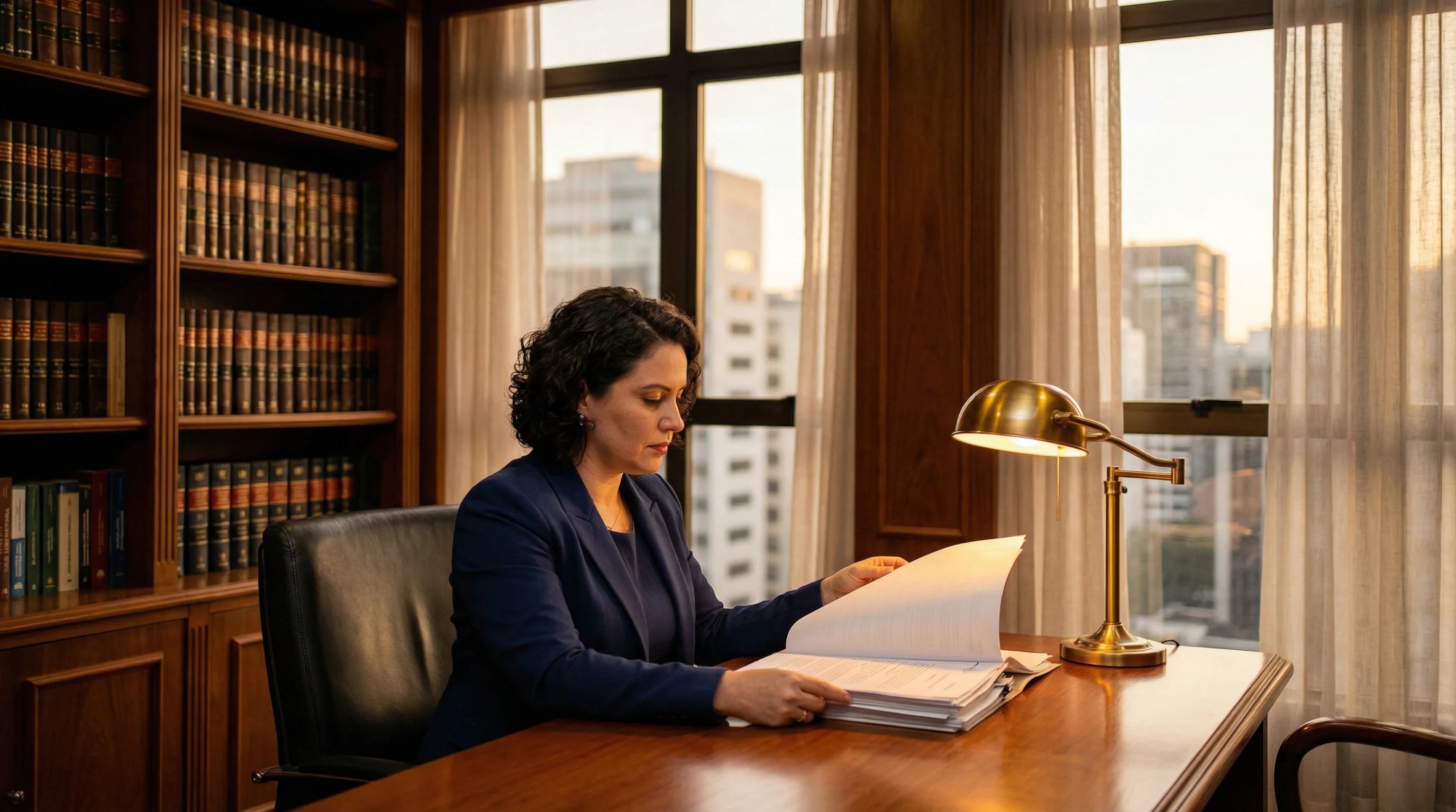 Advogada brasileira revisando documentos legais em escritório jurídico sofisticado com estantes de livros de direito e luminária de latão dourado