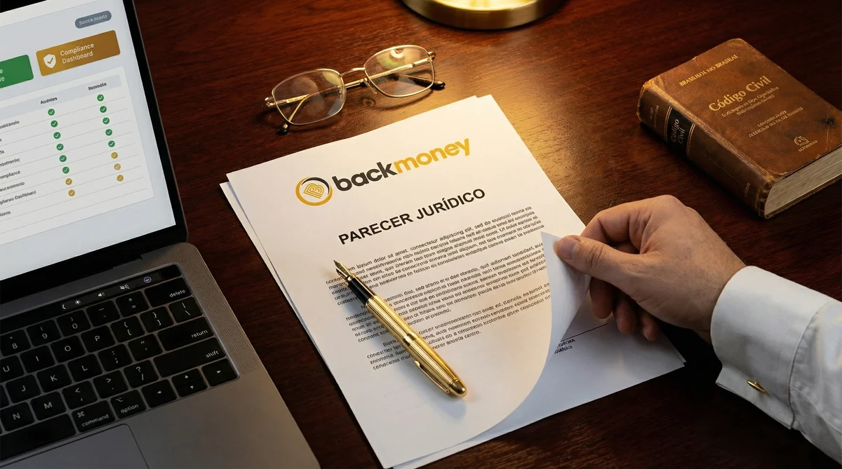 Escritório jurídico BackMoney com documentos legais e vista de São Paulo ao fundo