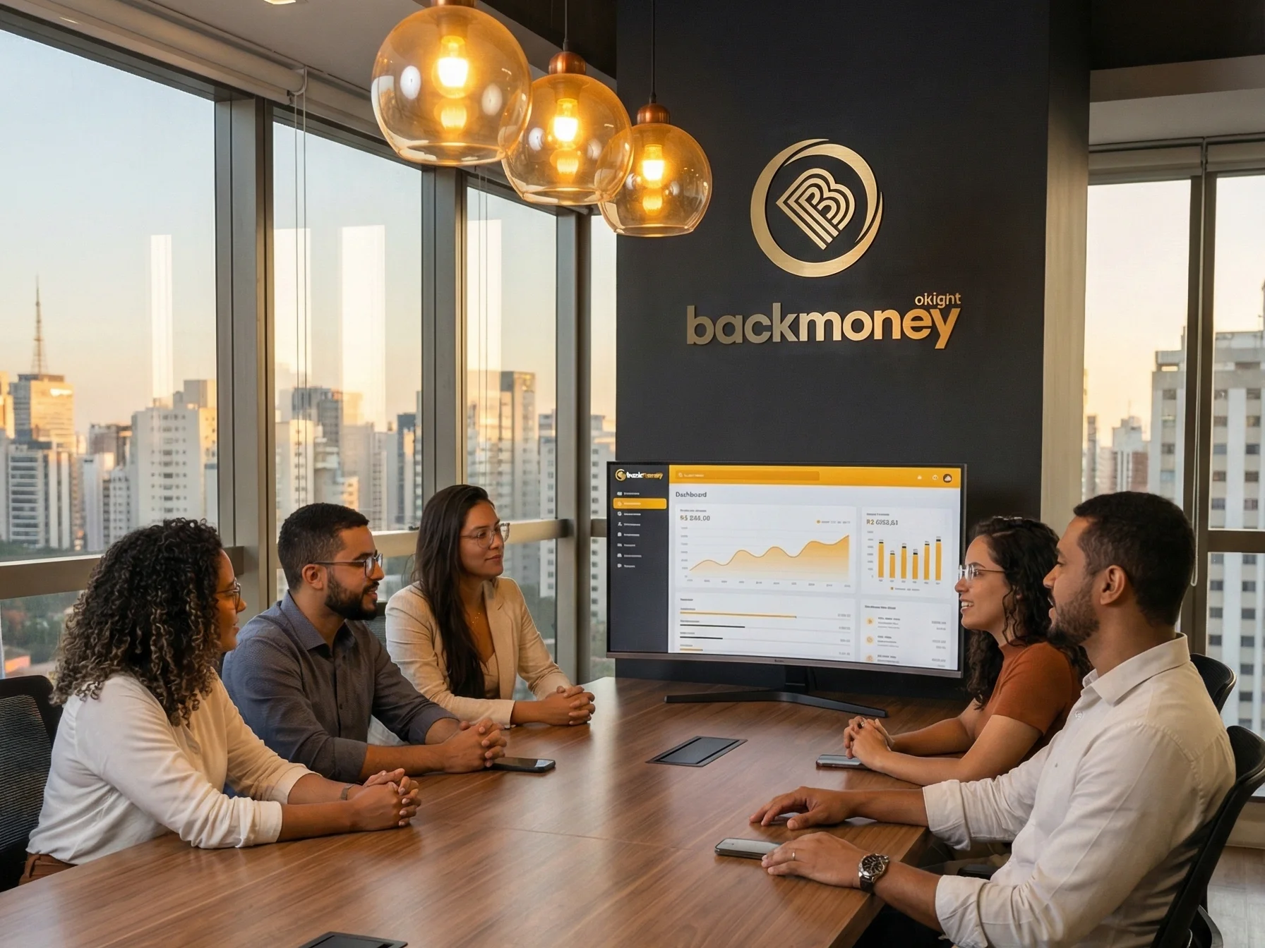 Equipe BackMoney reunida em sala de reunião moderna com skyline de São Paulo ao fundo