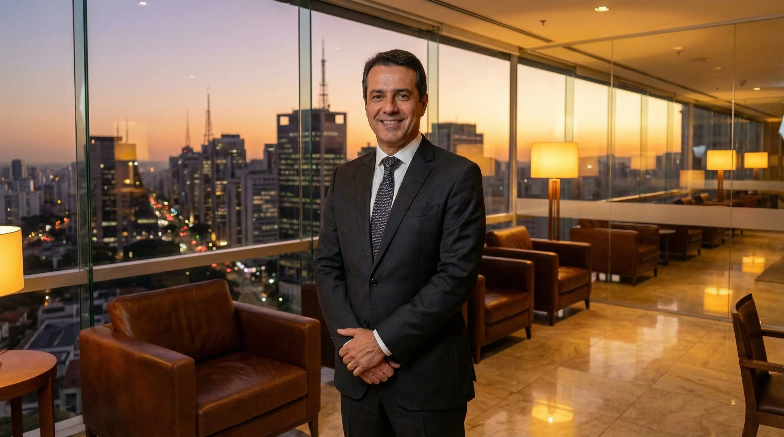 Executivo brasileiro confiante em lounge corporativo de luxo com poltronas de couro e skyline de São Paulo ao entardecer dourado