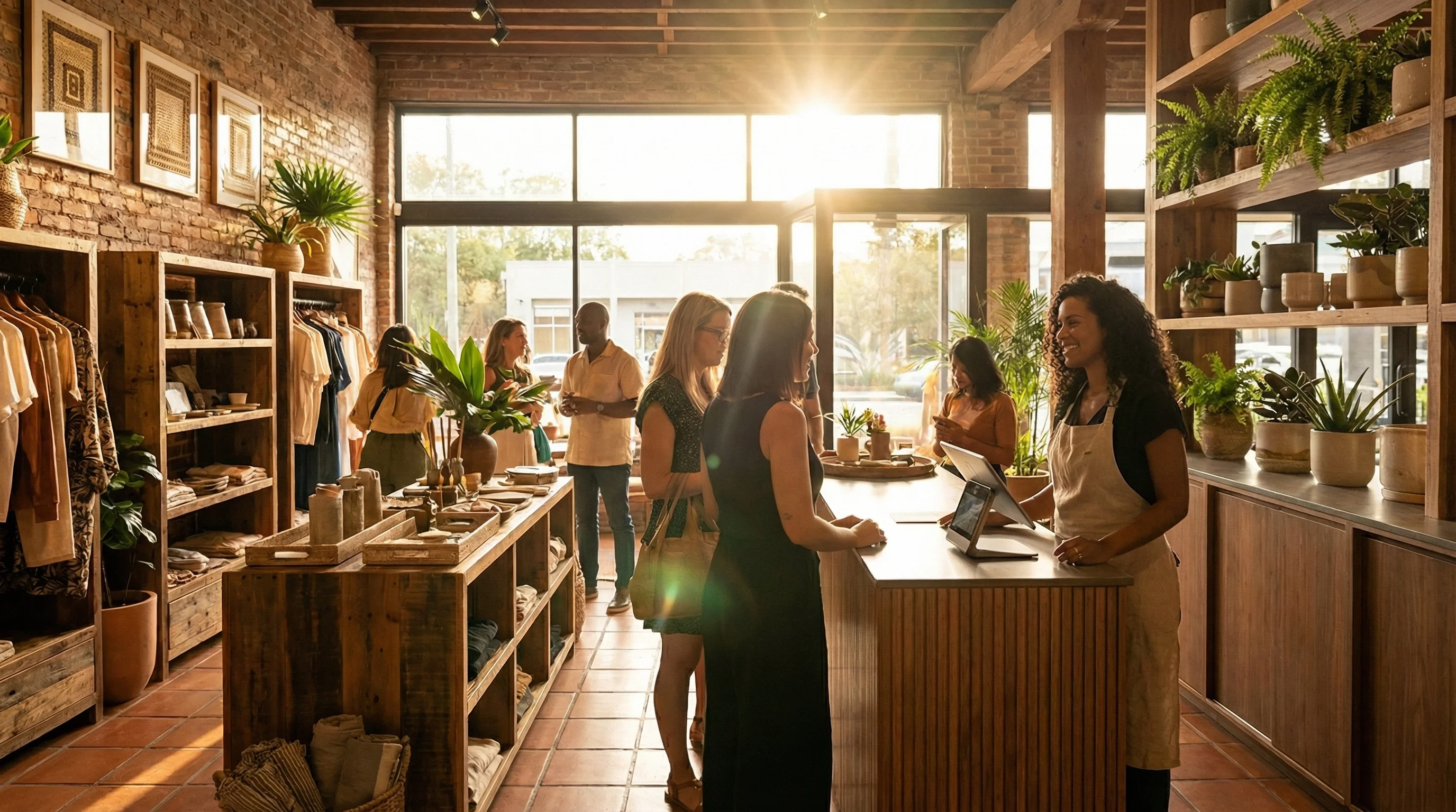 Interior de loja brasileira elegante com clientes e lojista ao balcão durante golden hour com iluminação quente e prateleiras de madeira