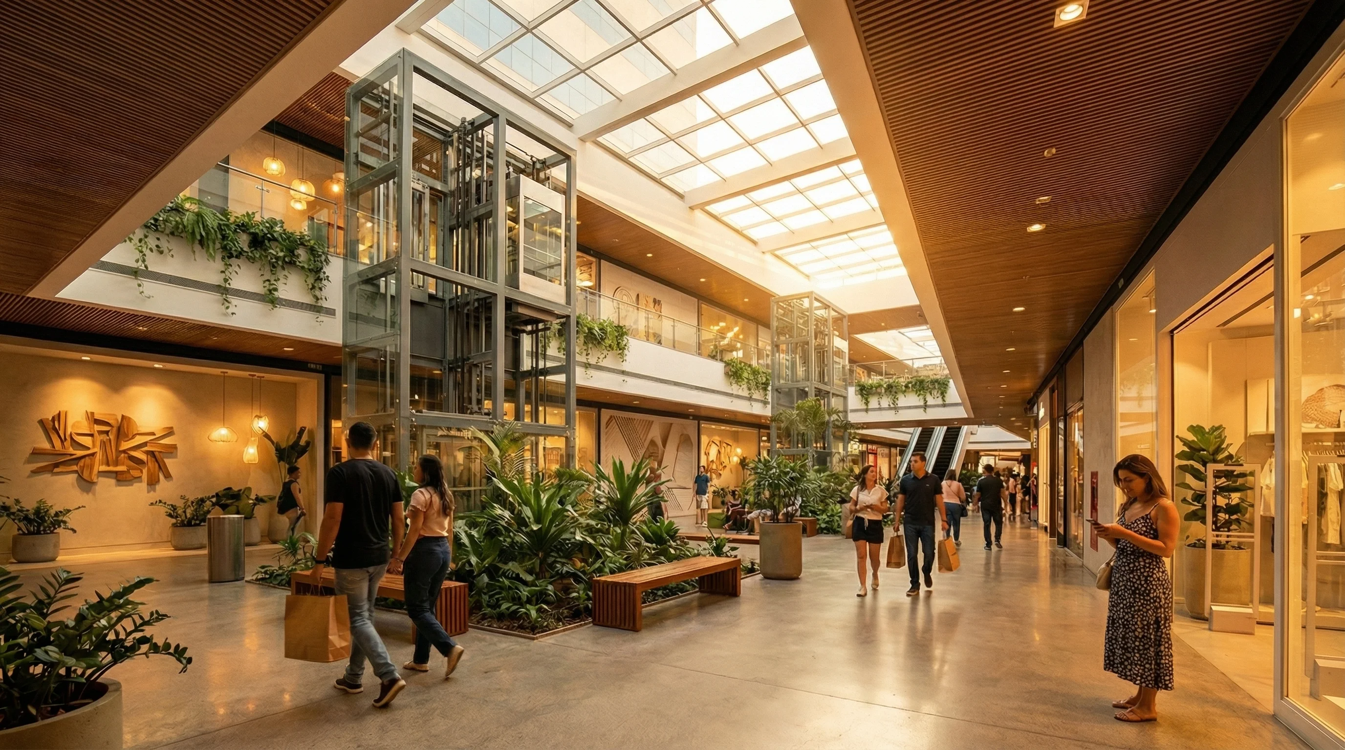 Átrio de shopping moderno brasileiro com múltiplos andares, claraboia com luz dourada, clientes passeando com sacolas e vitrines iluminadas