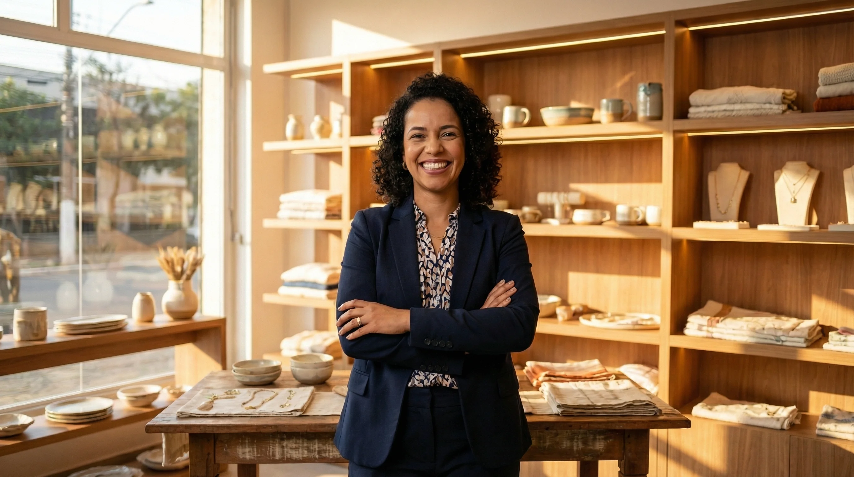 Empresária brasileira confiante de braços cruzados em sua boutique elegante com prateleiras de madeira e iluminação dourada
