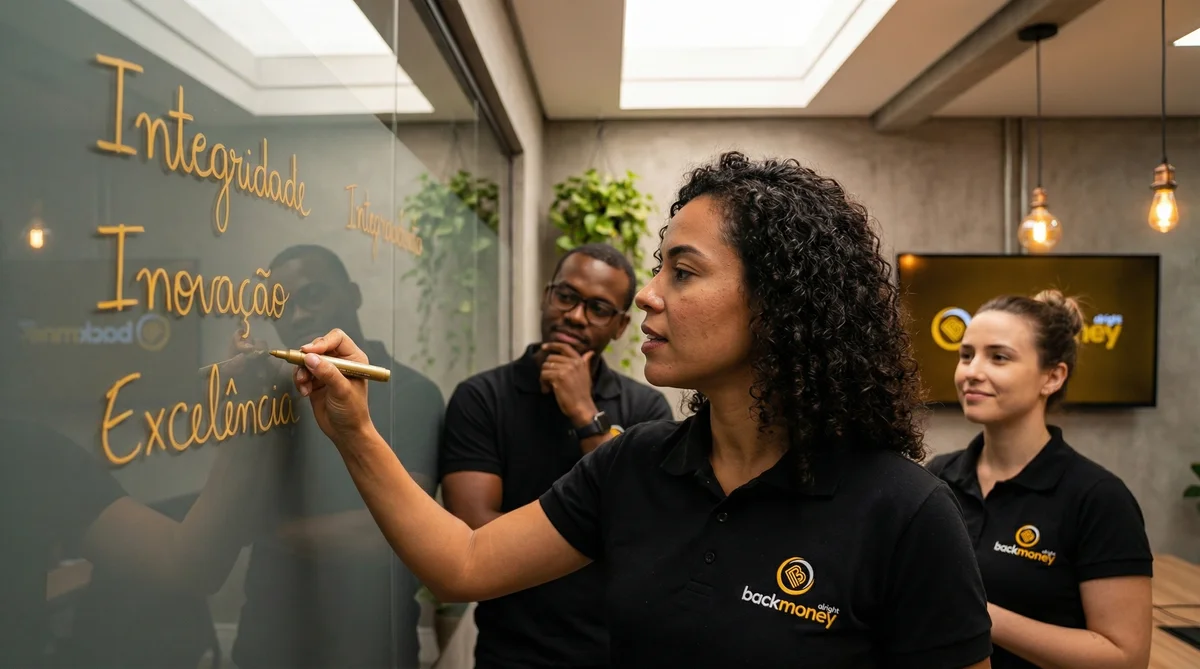 Equipe BackMoney reunida discutindo princípios e valores em escritório moderno com vista de São Paulo