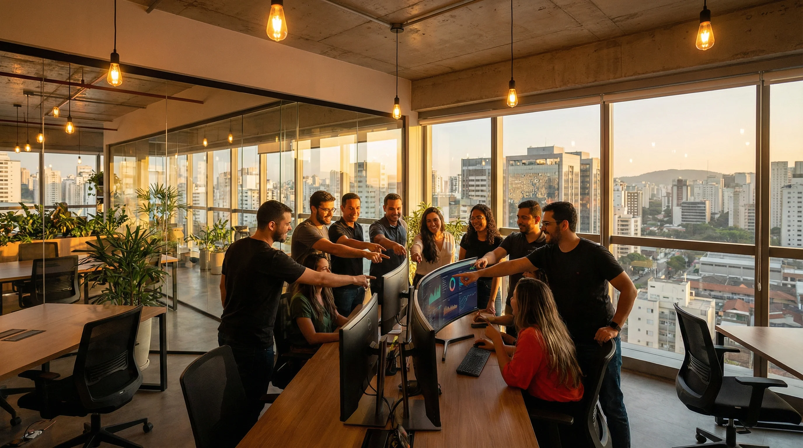 Equipe fintech brasileira diversa colaborando em escritório moderno open-plan em São Paulo com skyline ao entardecer dourado