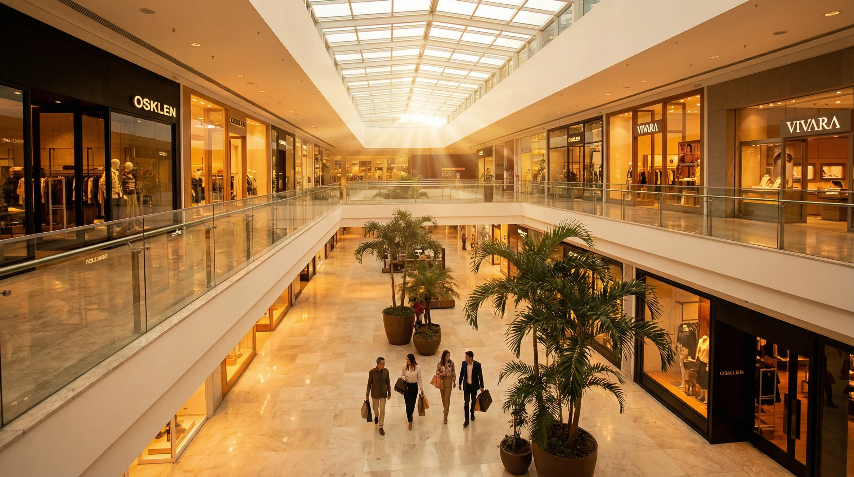 Atrium de shopping center moderno brasileiro com teto de vidro, lojas premium, palmeiras tropicais e pessoas comprando ao entardecer