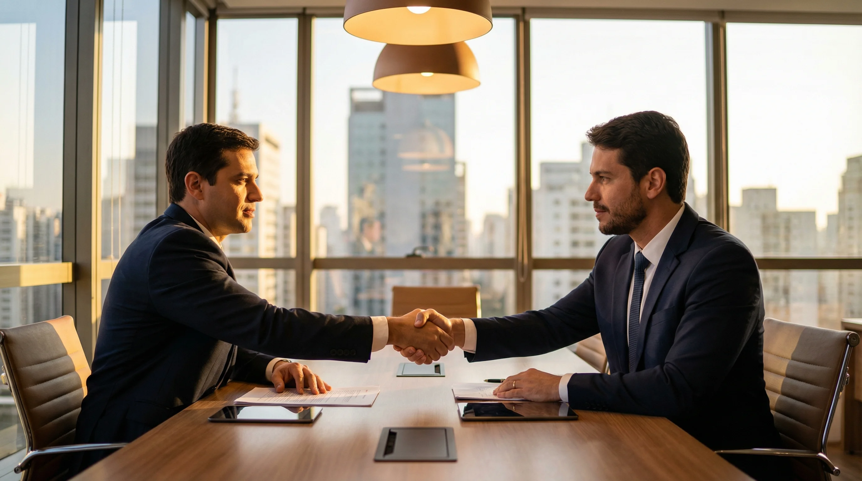 Dois empresários brasileiros de terno escuro apertando as mãos em escritório executivo moderno com skyline de São Paulo ao entardecer