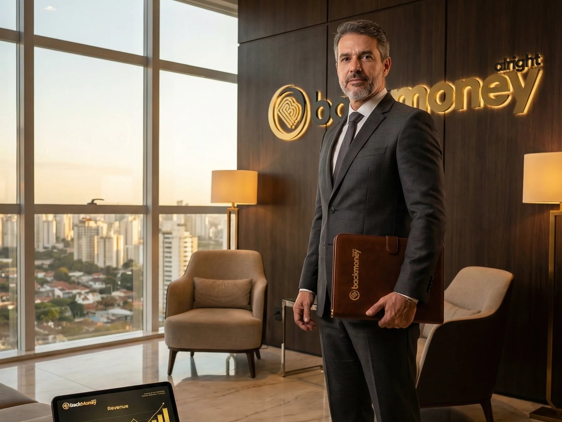 CEO territorial BackMoney em lounge corporativo de luxo com iluminação dourada golden hour