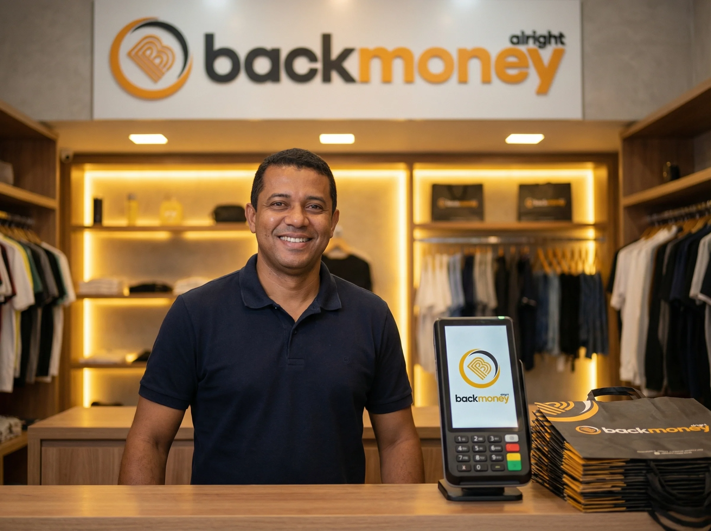 Lojista no balcão da sua loja com maquininha e sacolas BackMoney