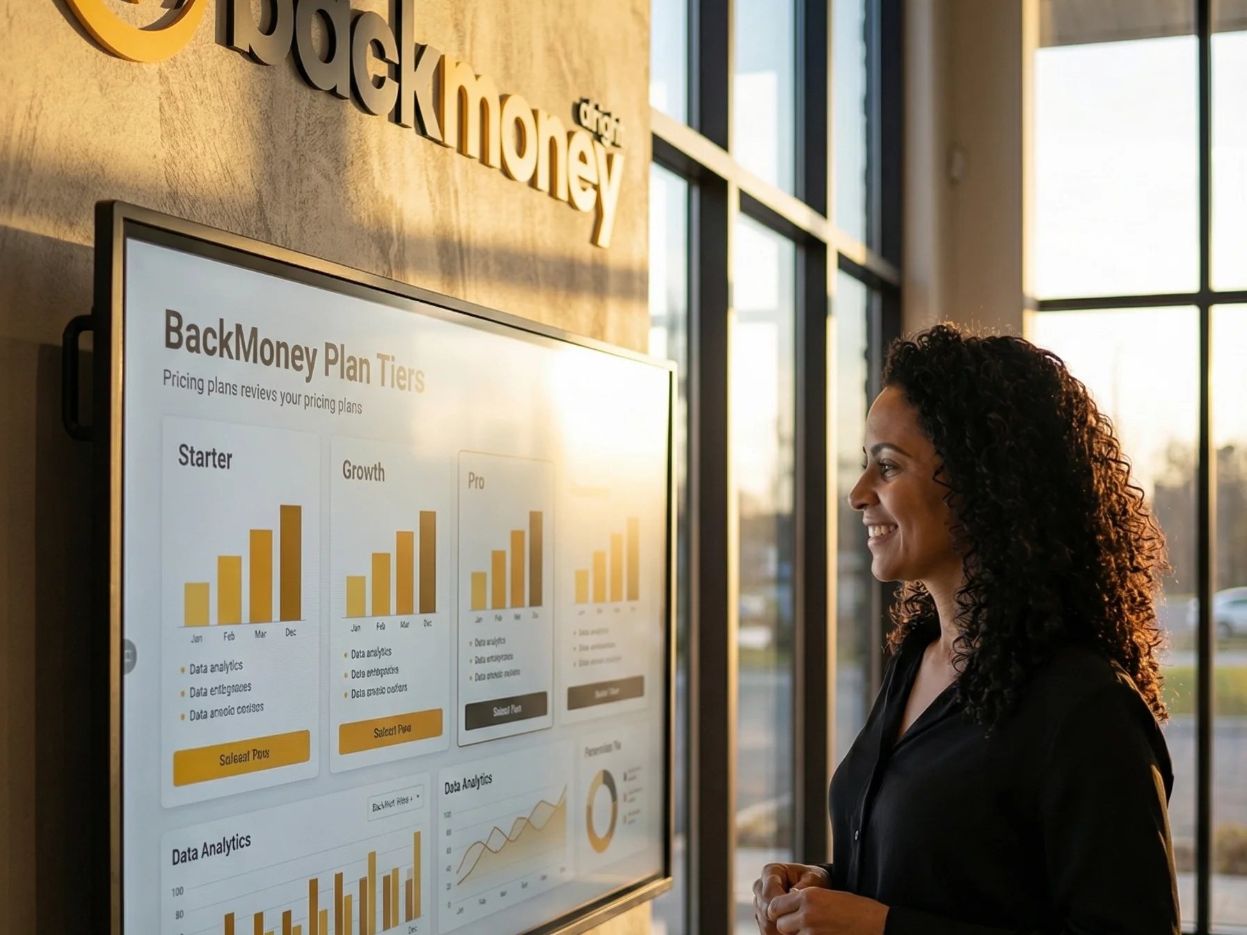 Empresária brasileira analisando planos BackMoney em display wall-mounted com dashboard de analytics e gráficos âmbar dourados