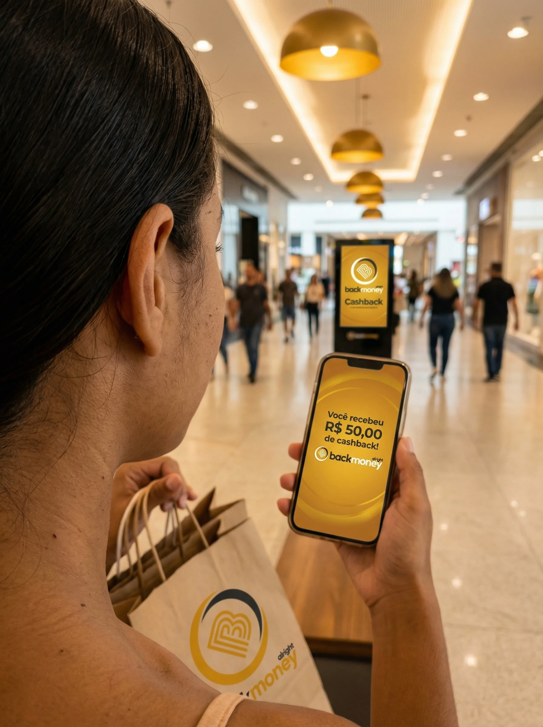 Cliente visualizando cashback de R$50 no celular com sacola BackMoney