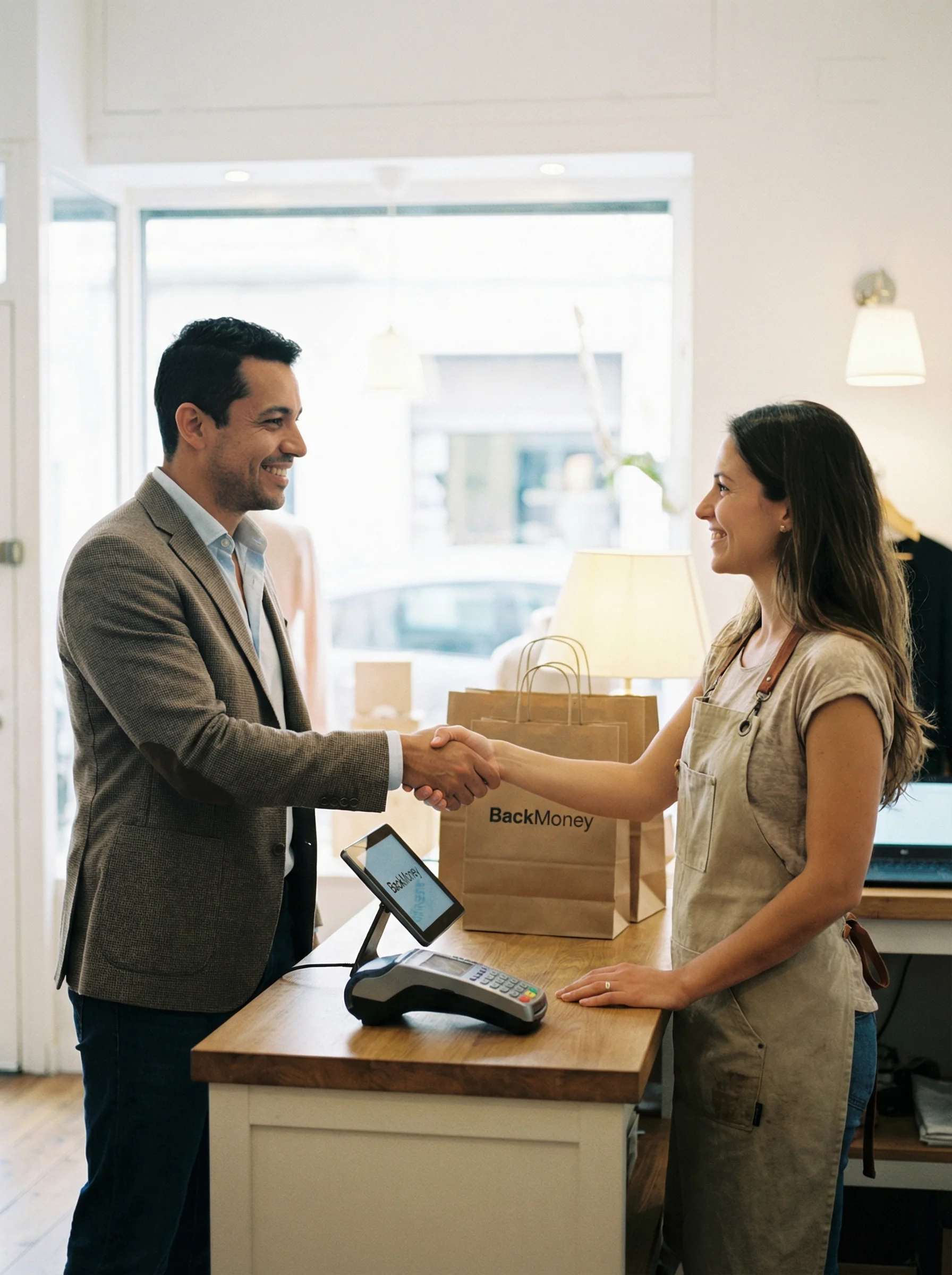 Aperto de mãos entre parceiro e executivo BackMoney em loja premium