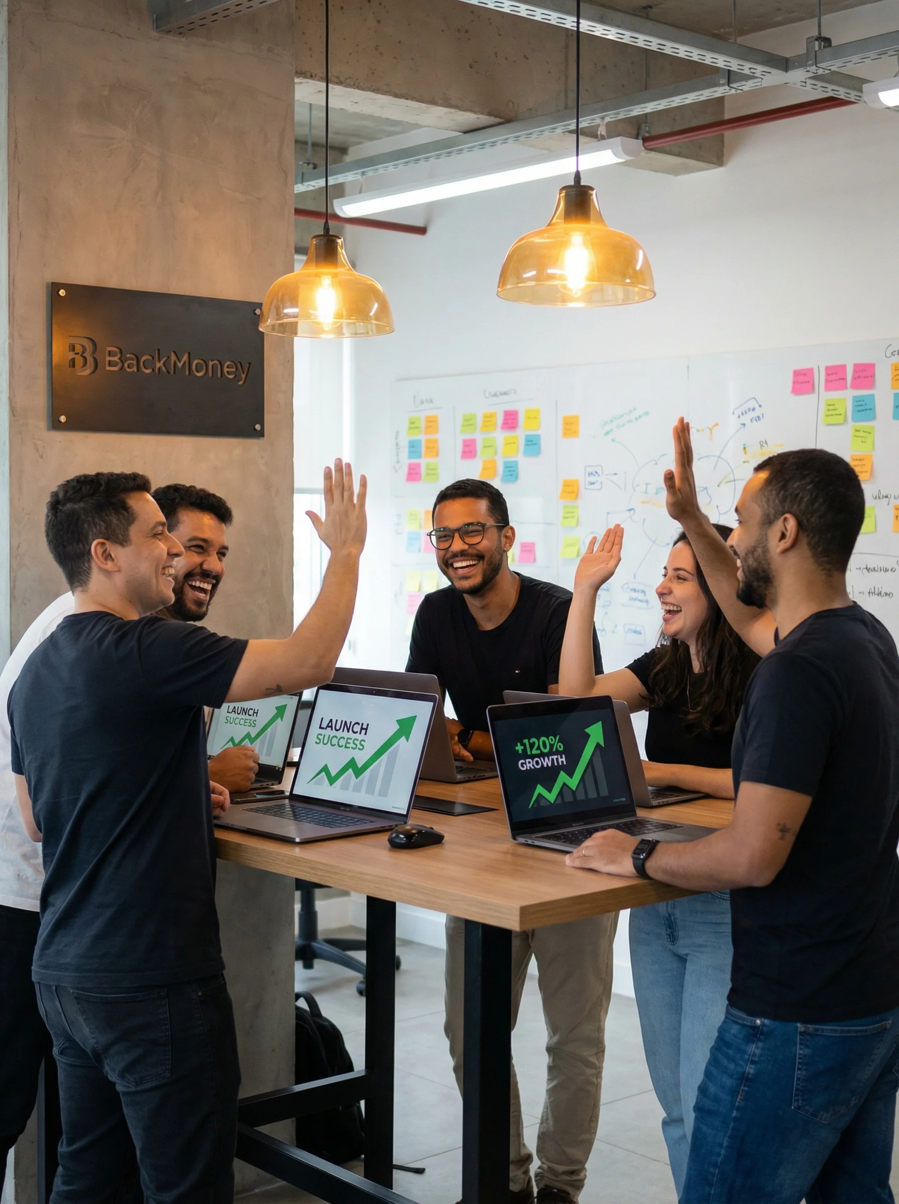 Equipe BackMoney celebrando conquista em escritório moderno