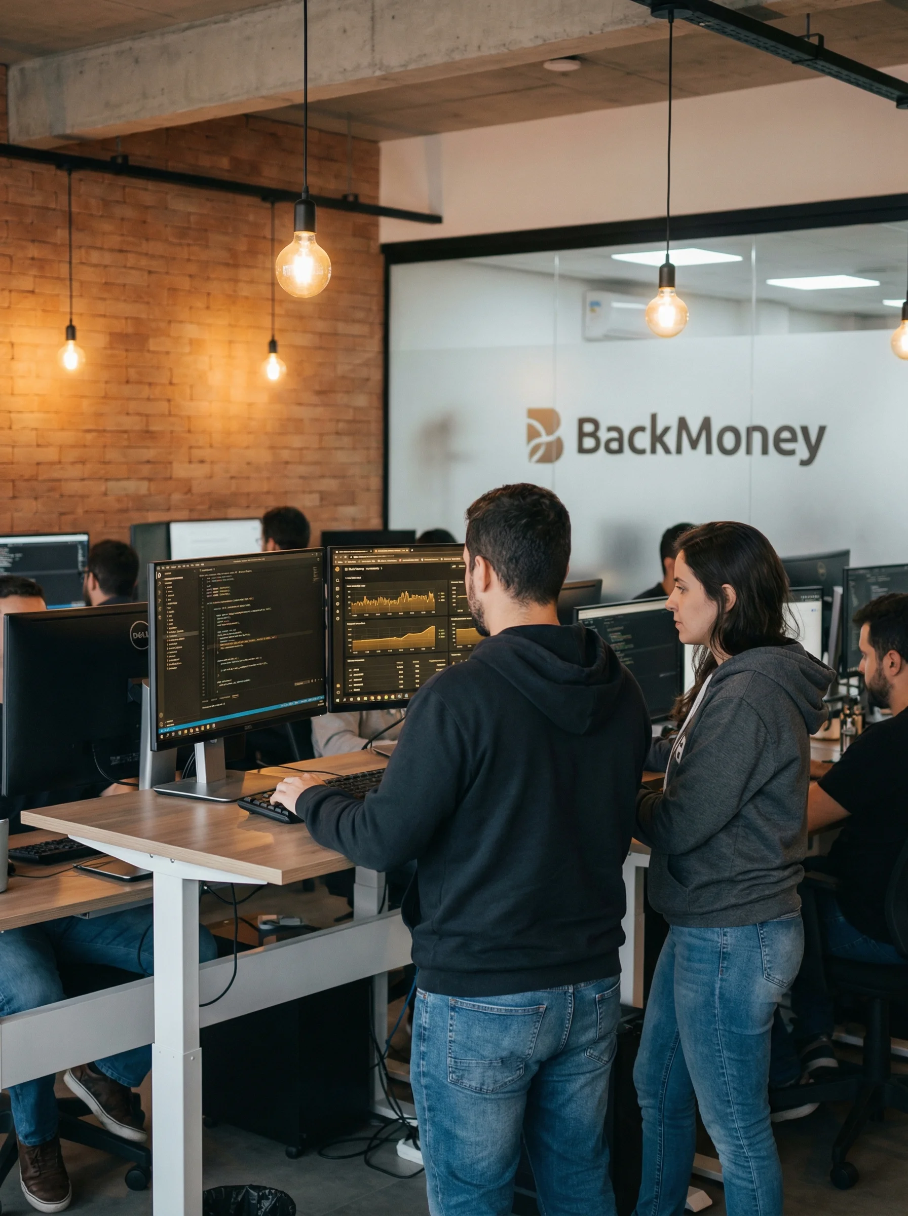 Engenheiros BackMoney programando em pair programming com múltiplos monitores