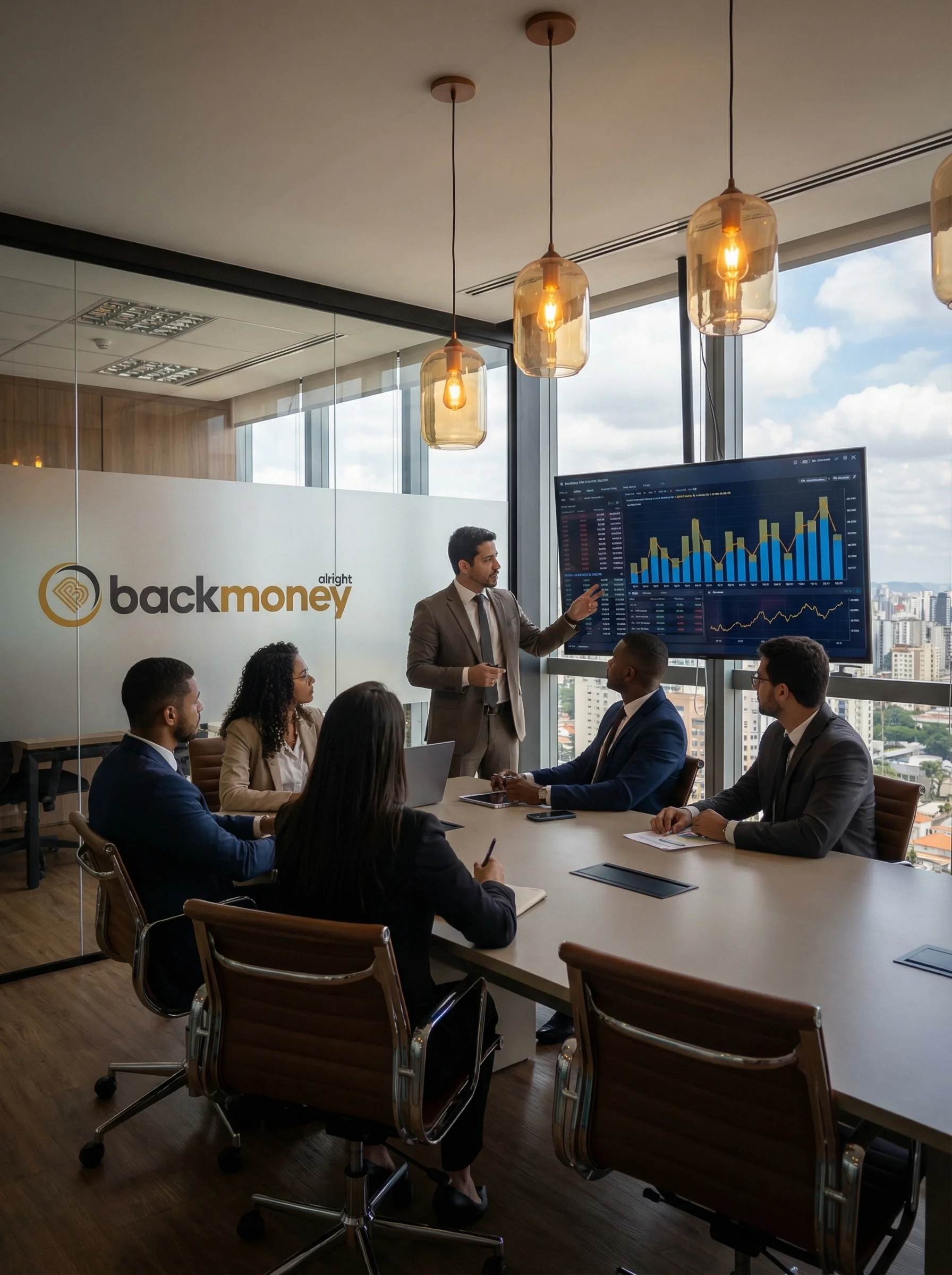 Reunião executiva BackMoney em sala de diretoria com vista para a cidade
