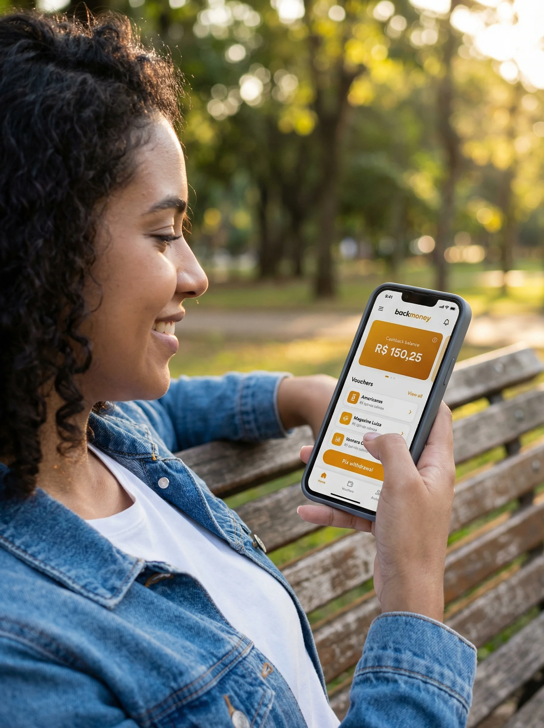 Mulher relaxando em banco de parque usando app BackMoney no smartphone com saldo de cashback R$150,25 e lista de vouchers