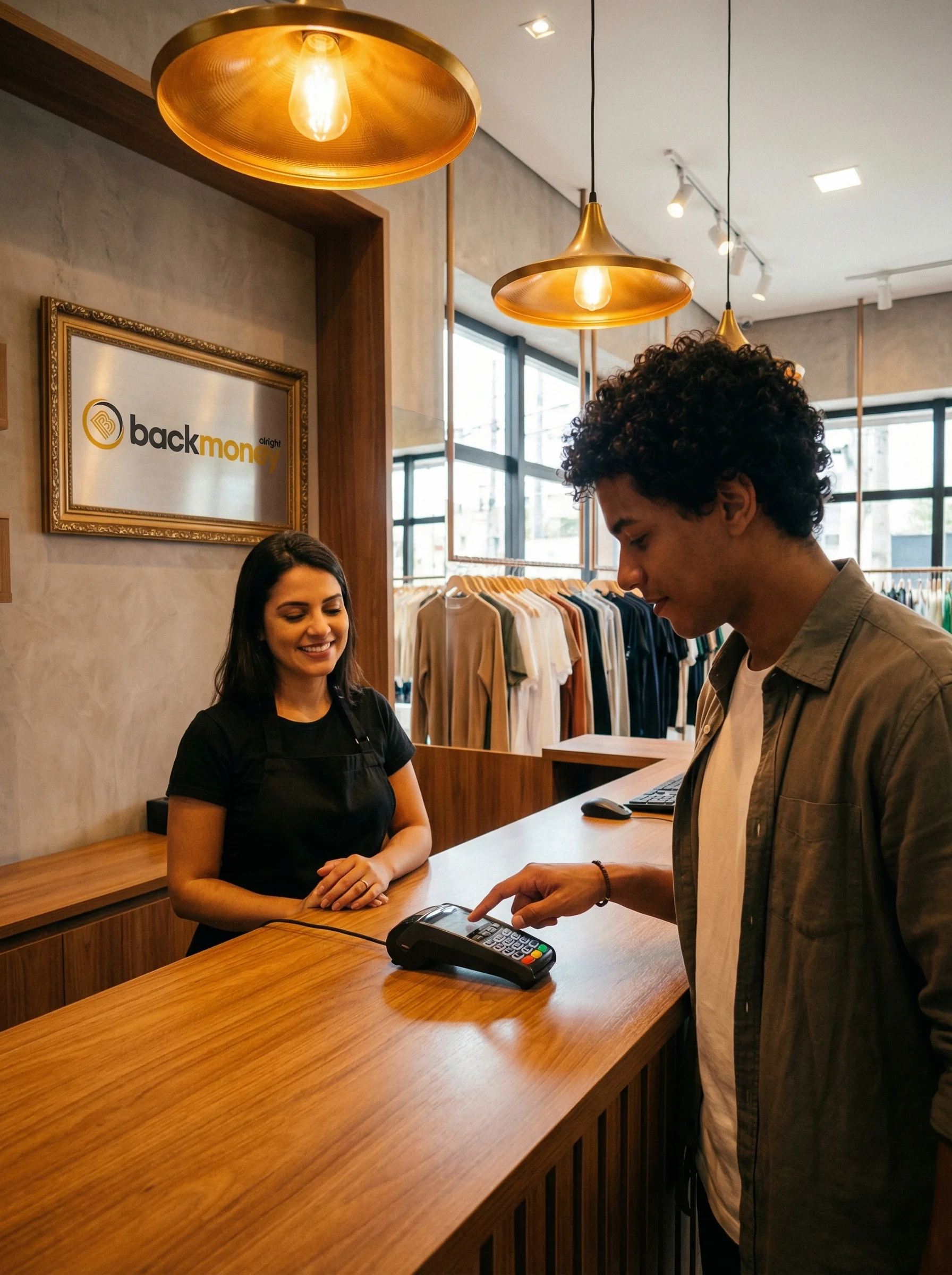 Mãos de cliente digitando CPF no terminal POS BackMoney em loja de roupas com atendente sorrindo ao fundo