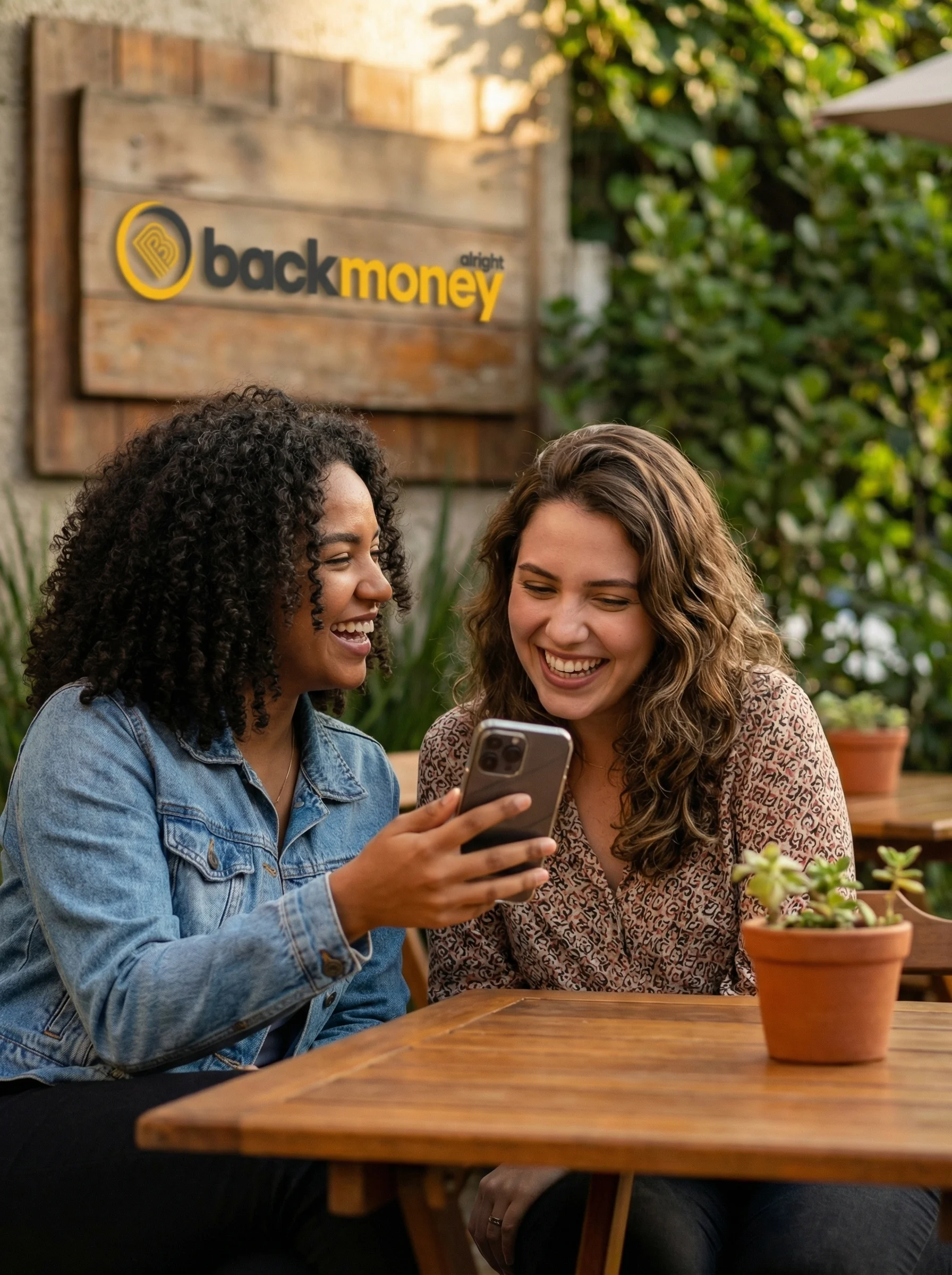 Duas amigas brasileiras em café ao ar livre compartilhando link de indicação BackMoney no smartphone com copos branded na mesa