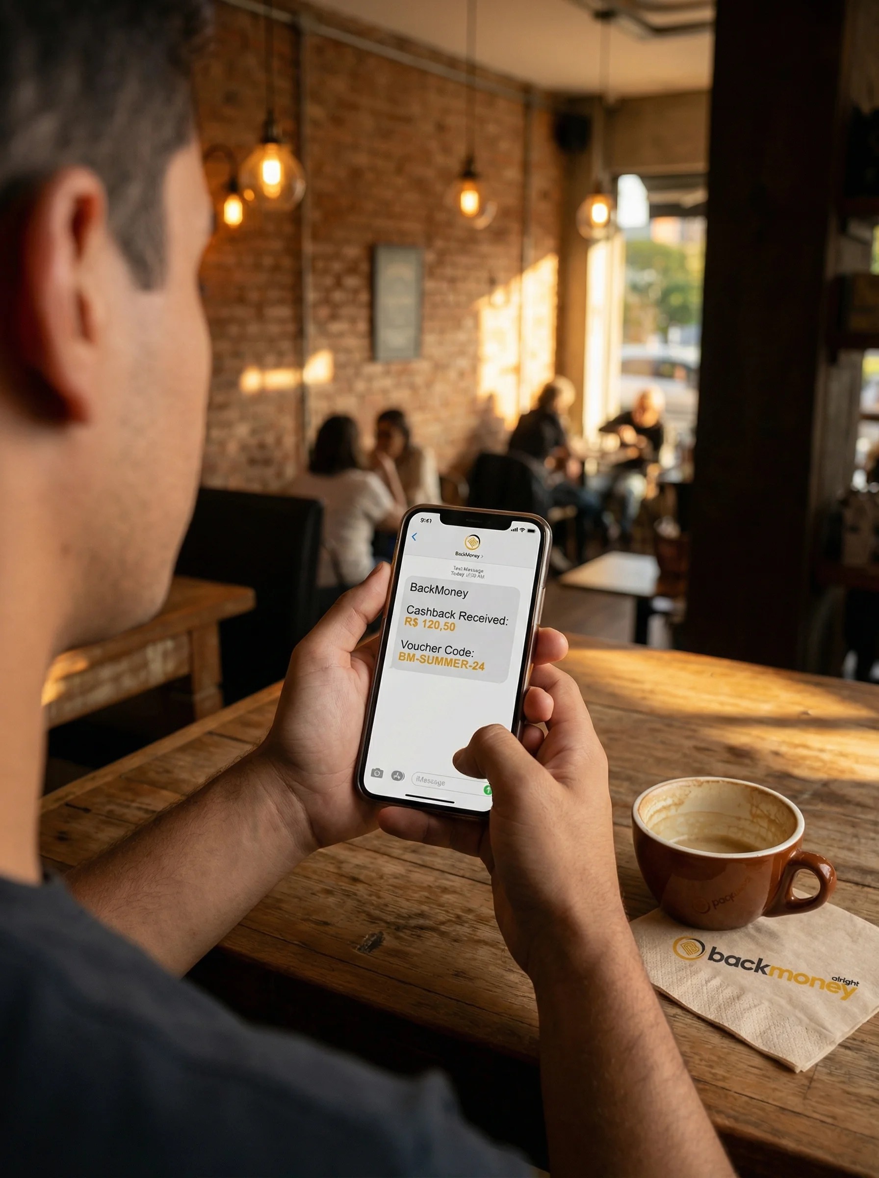 Homem em café verificando SMS BackMoney com notificação de cashback e código de voucher no smartphone