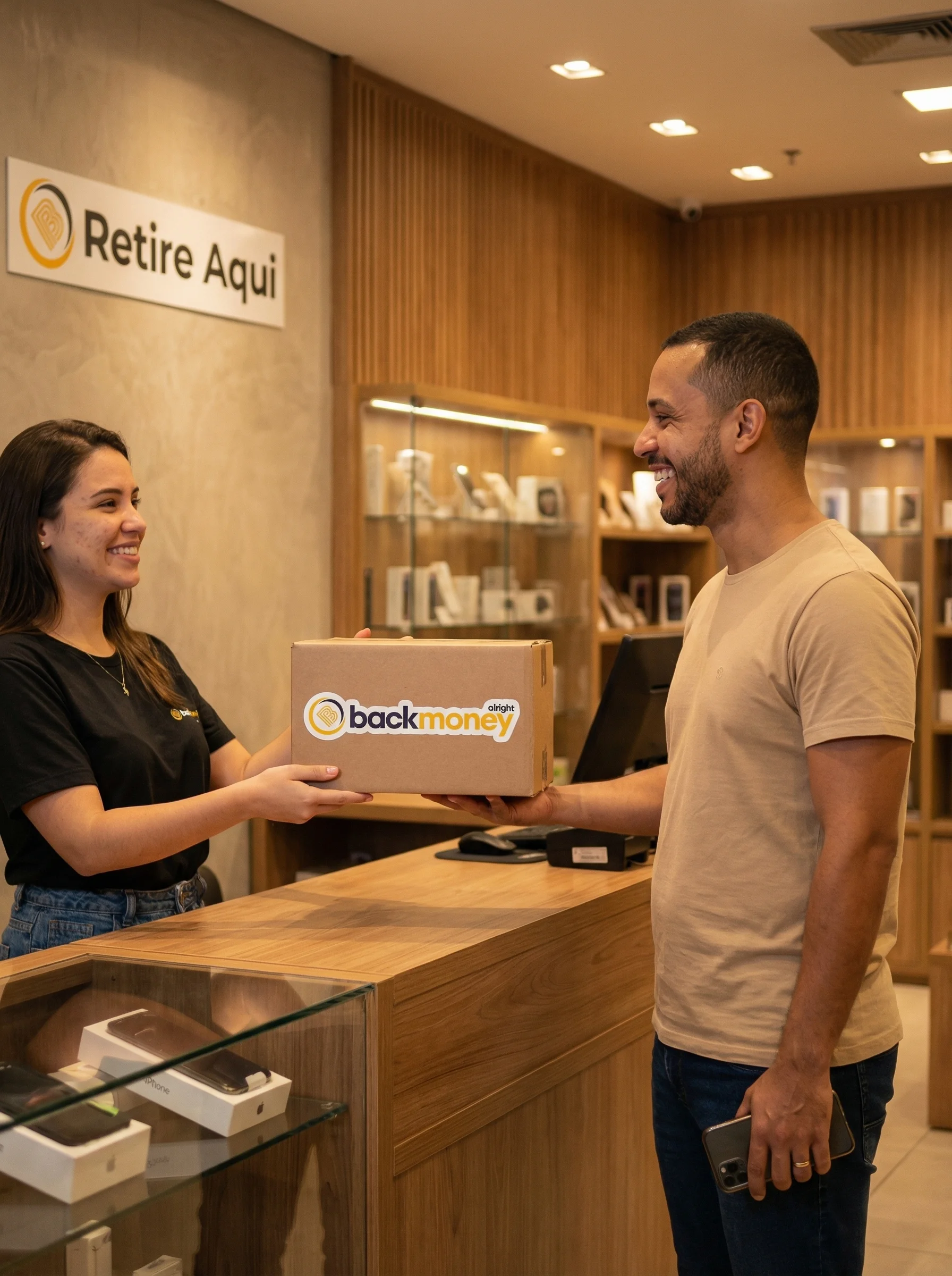 Cliente retirando pedido no balcão Retire Aqui com caixa BackMoney