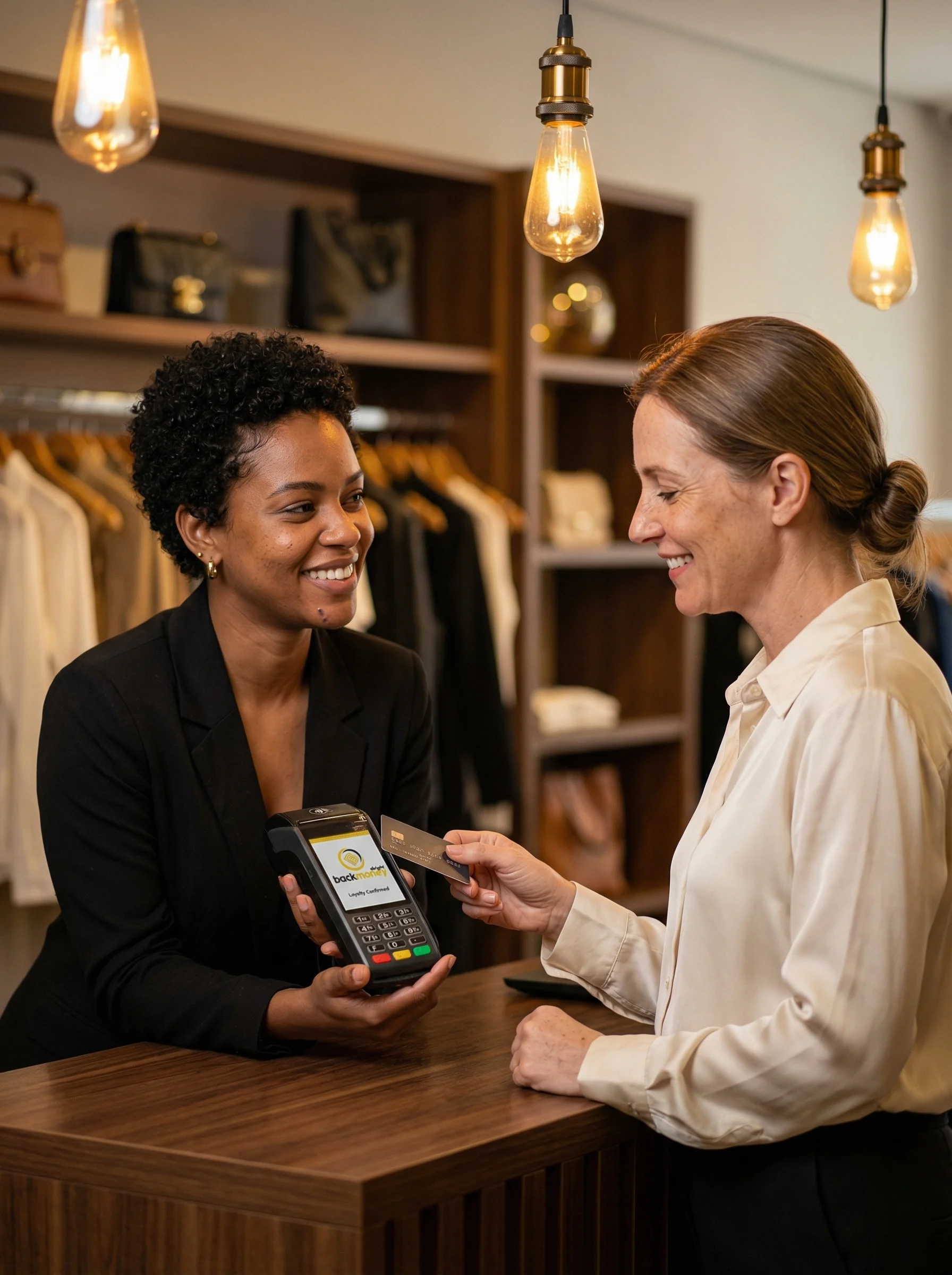 Vendedora atendendo cliente com terminal de pagamento BackMoney