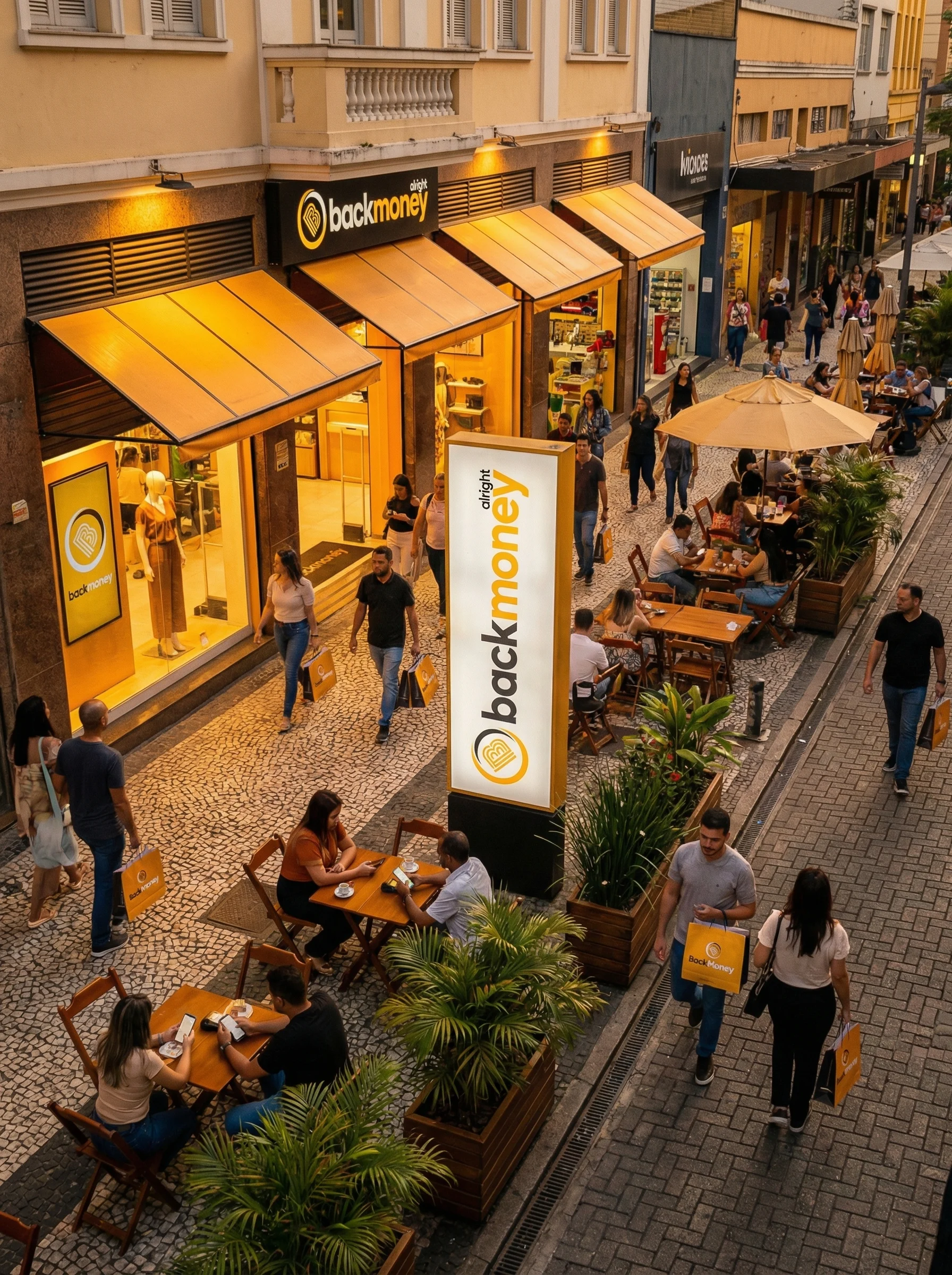 Rua comercial brasileira movimentada com múltiplas lojas parceiras BackMoney