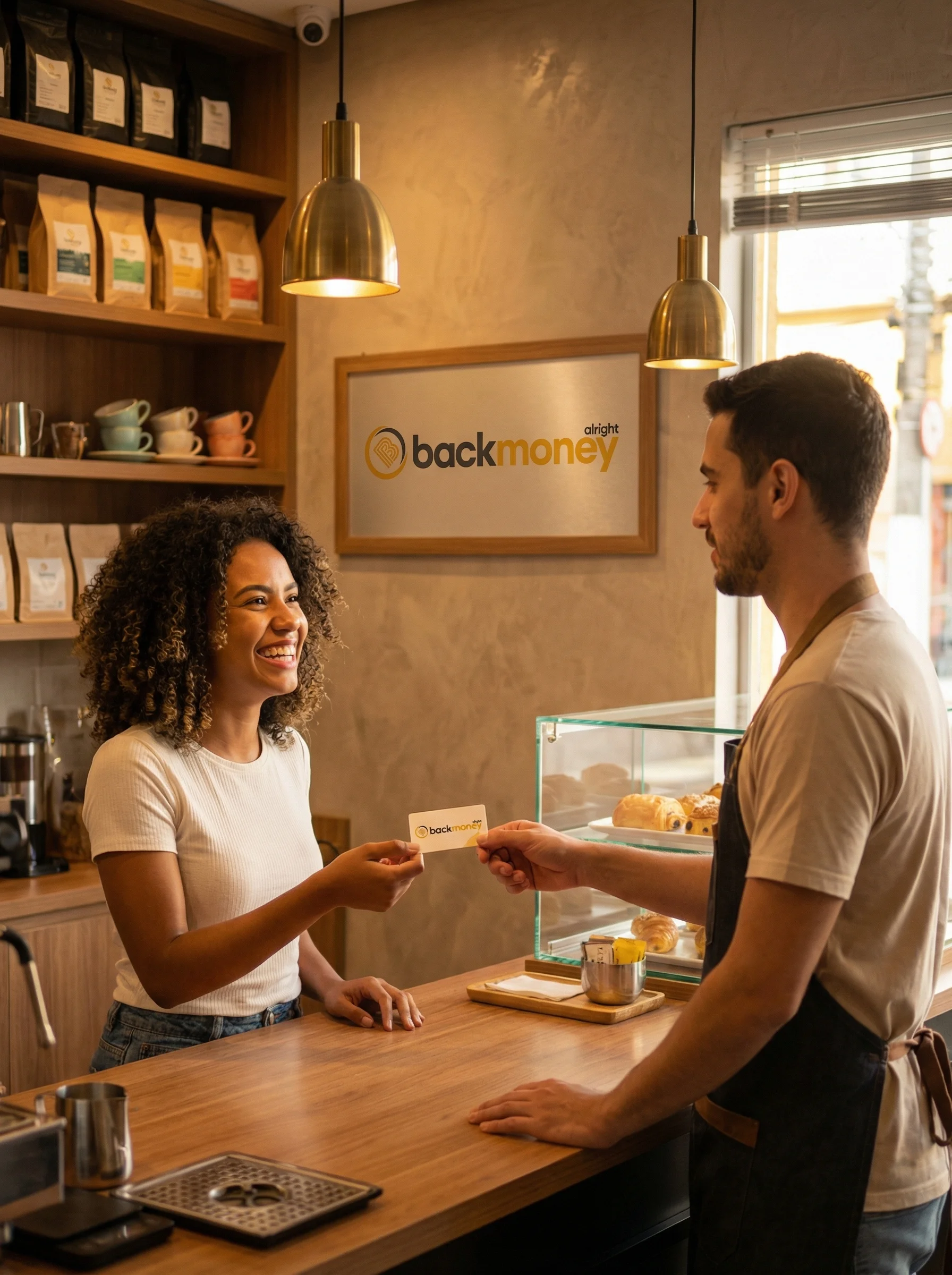 Cliente recebendo voucher de fidelidade BackMoney em café brasileiro