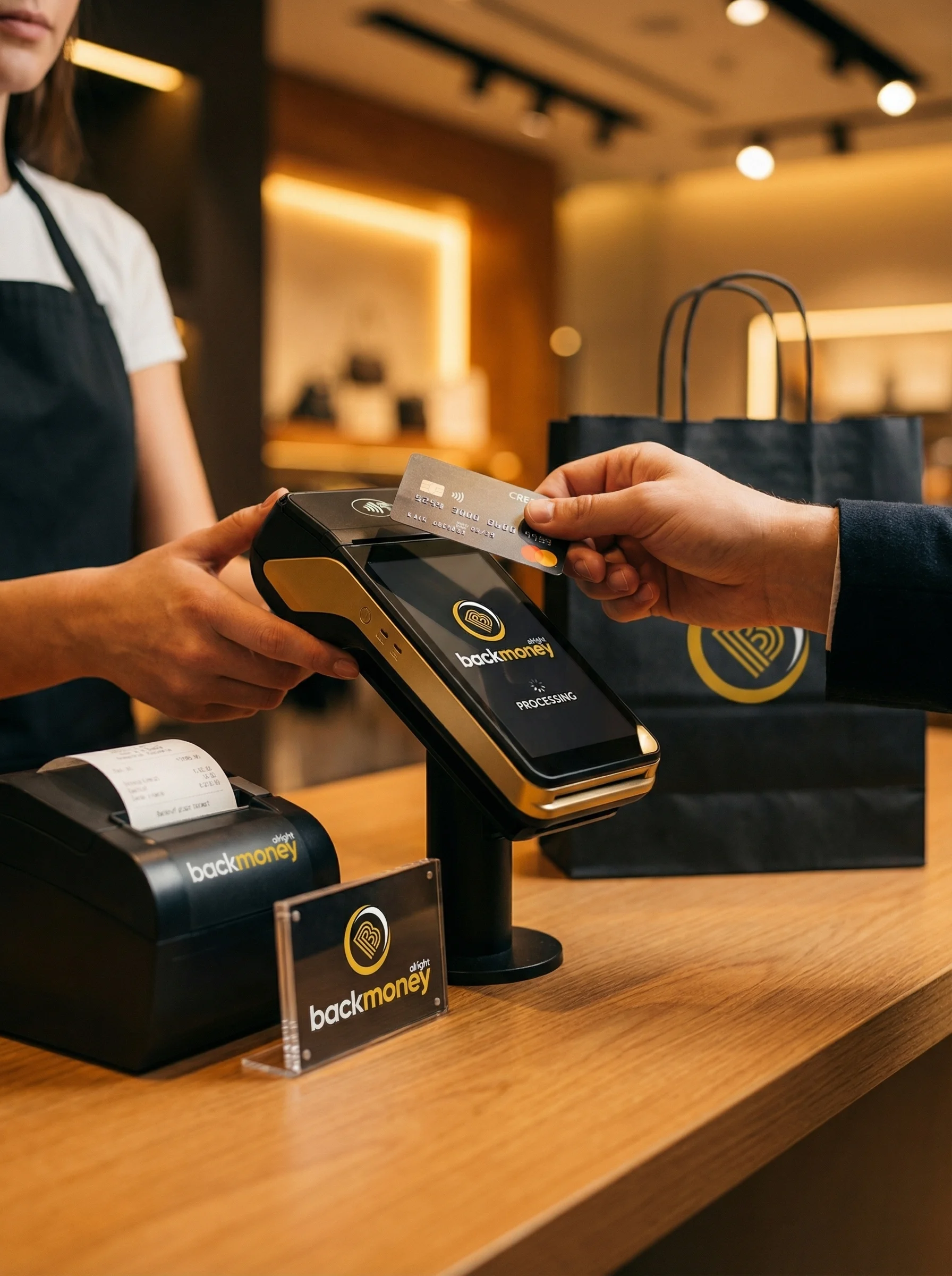 Maquininha BackMoney processando pagamento por aproximação em balcão comercial