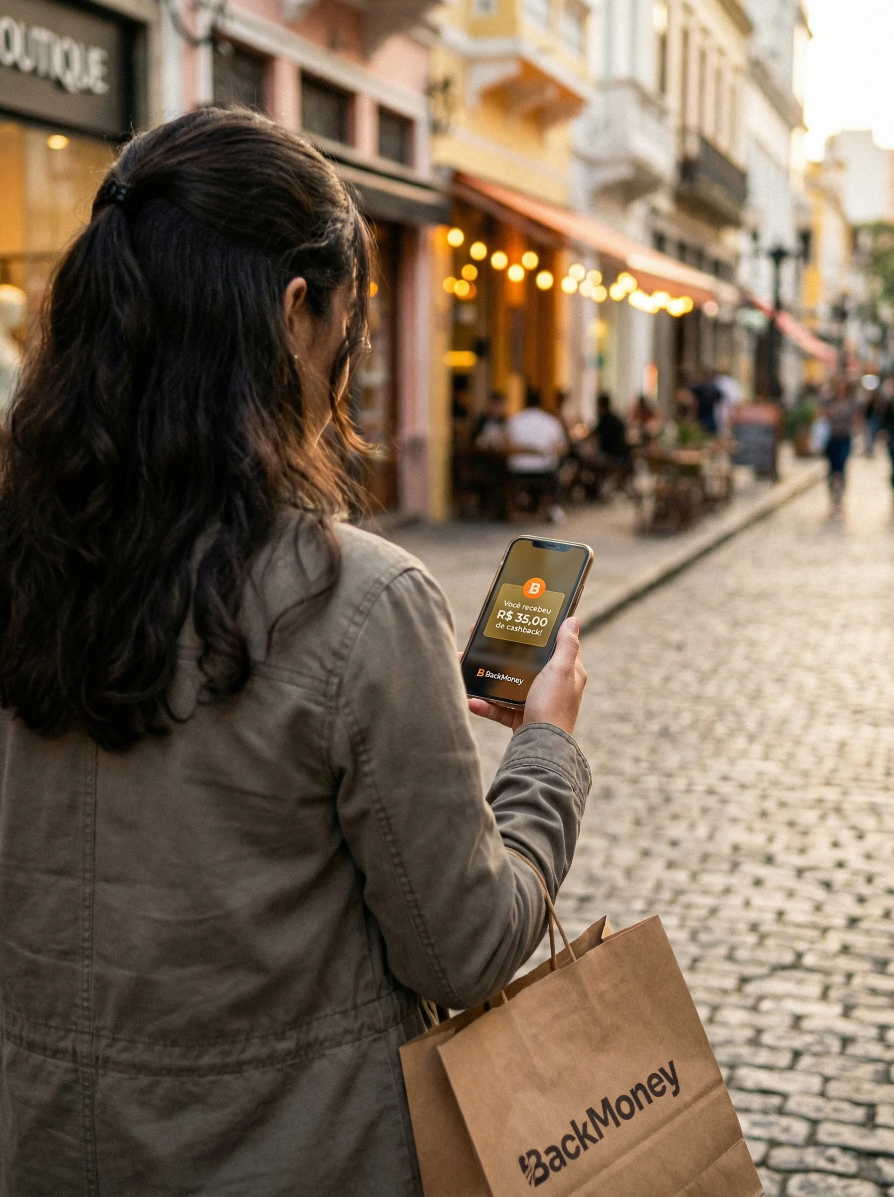 Mulher vendo notificação de cashback no celular com sacola BackMoney