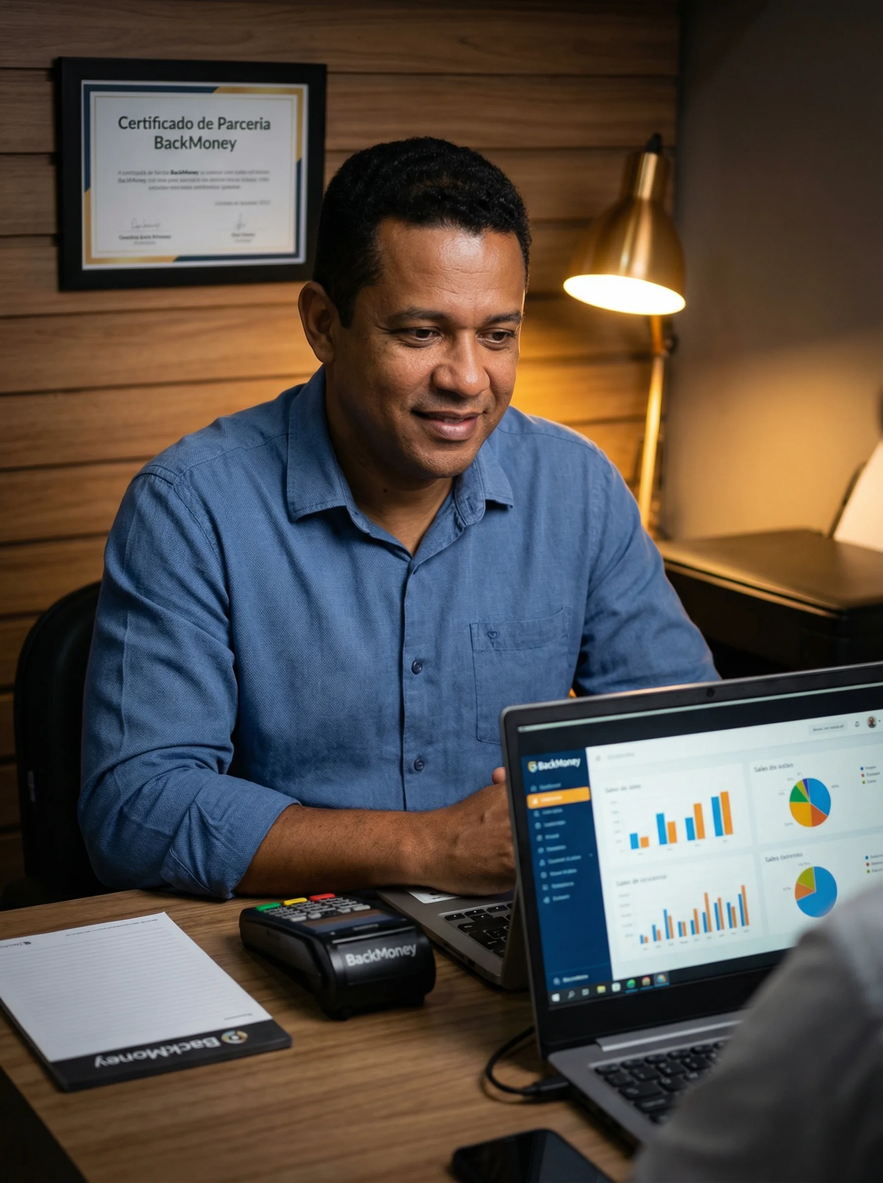 Lojista analisando dashboard de vendas no laptop do back-office