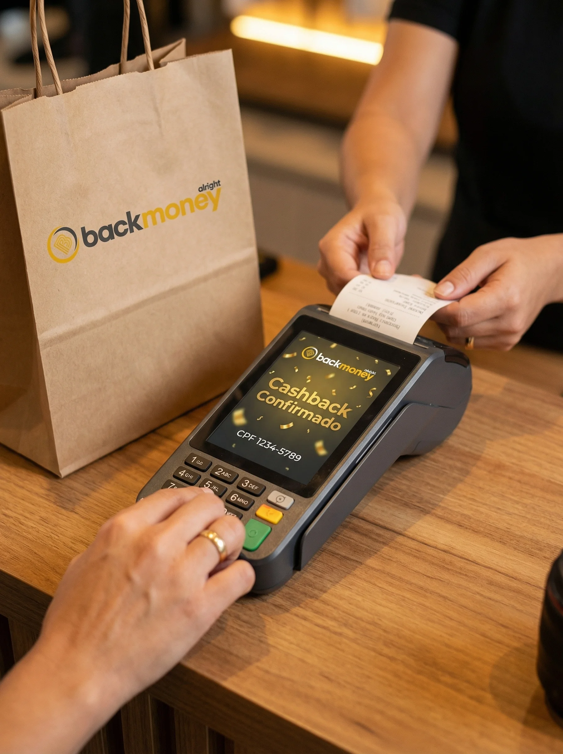 Cliente digitando CPF na maquininha BackMoney com cashback confirmado