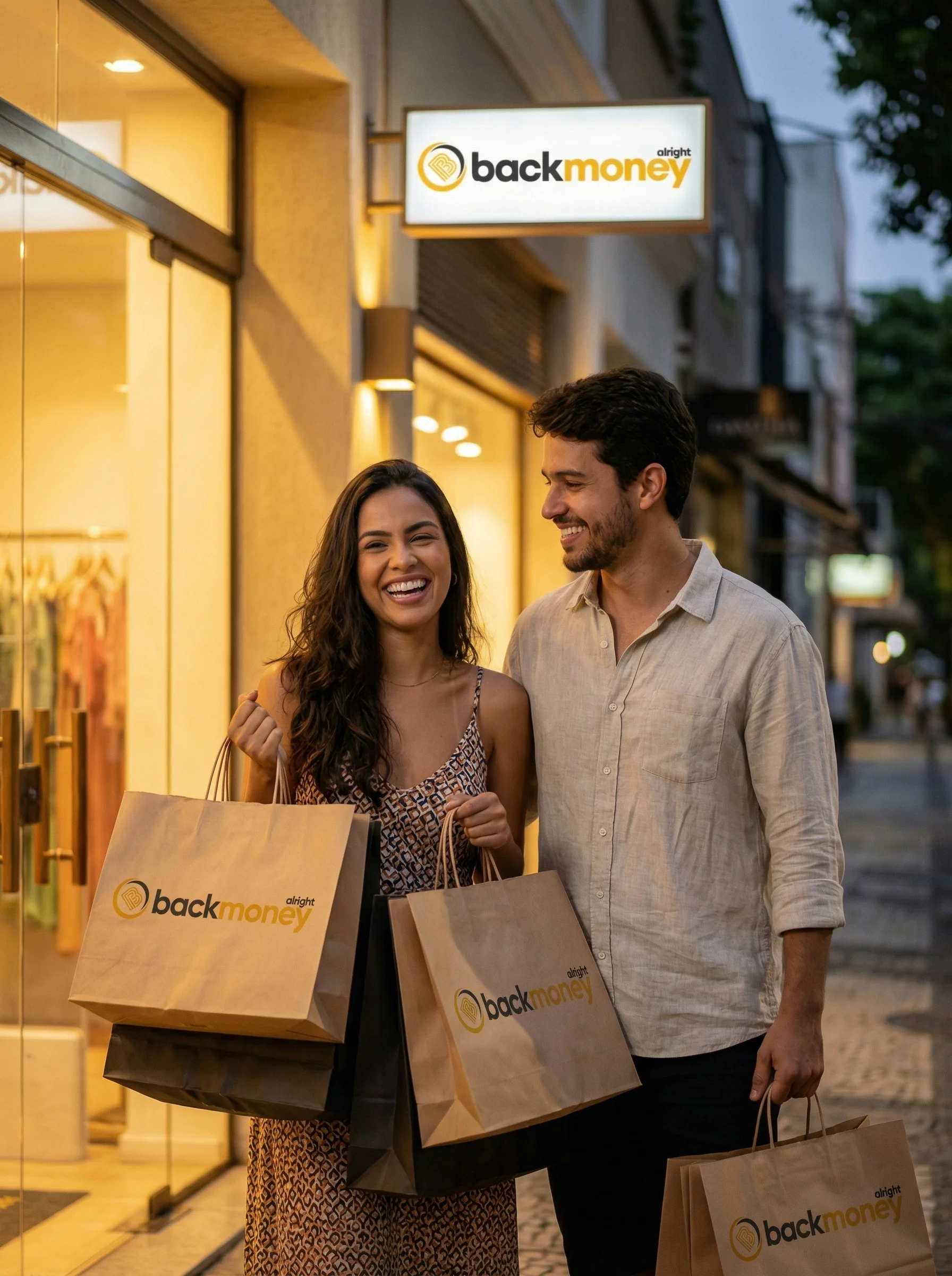 Casal feliz em frente à loja BackMoney com sacolas de compras