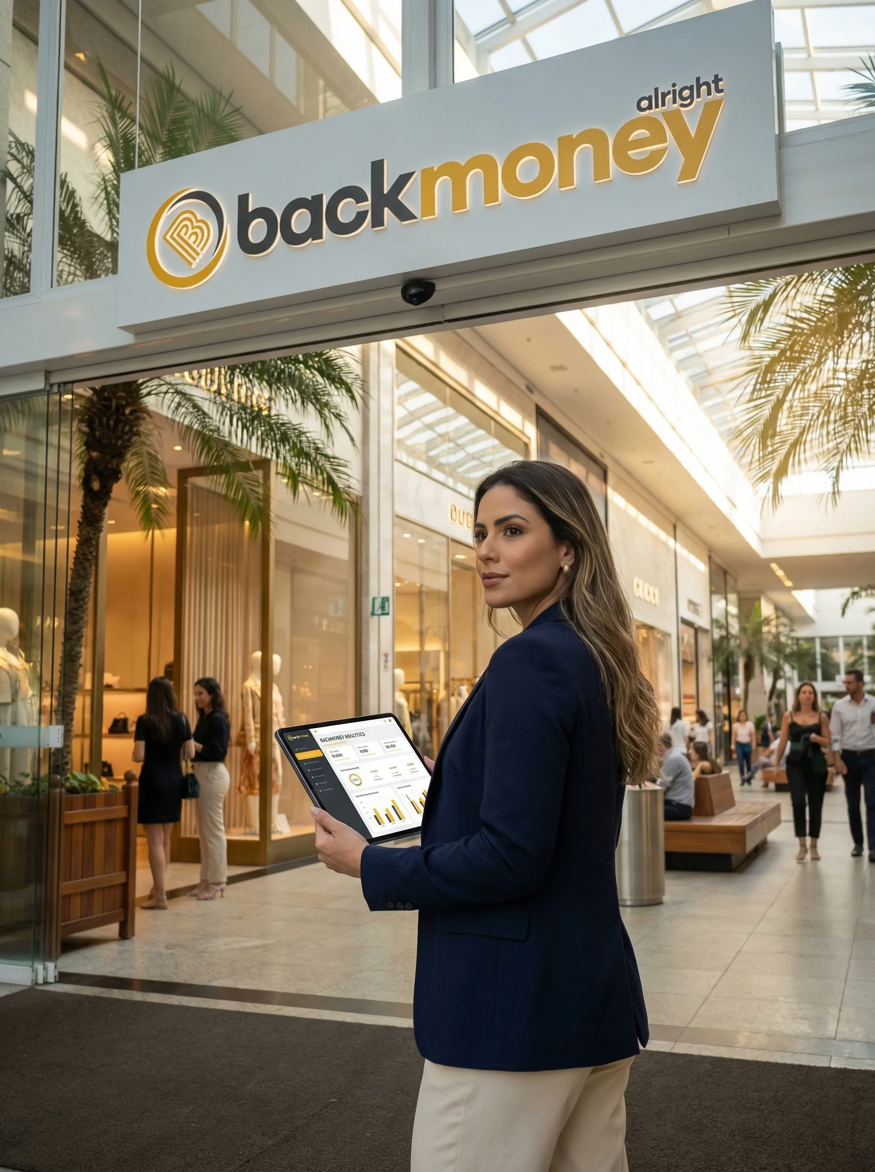 Empresária com tablet em shopping de luxo na Barra da Tijuca com sinalização BackMoney