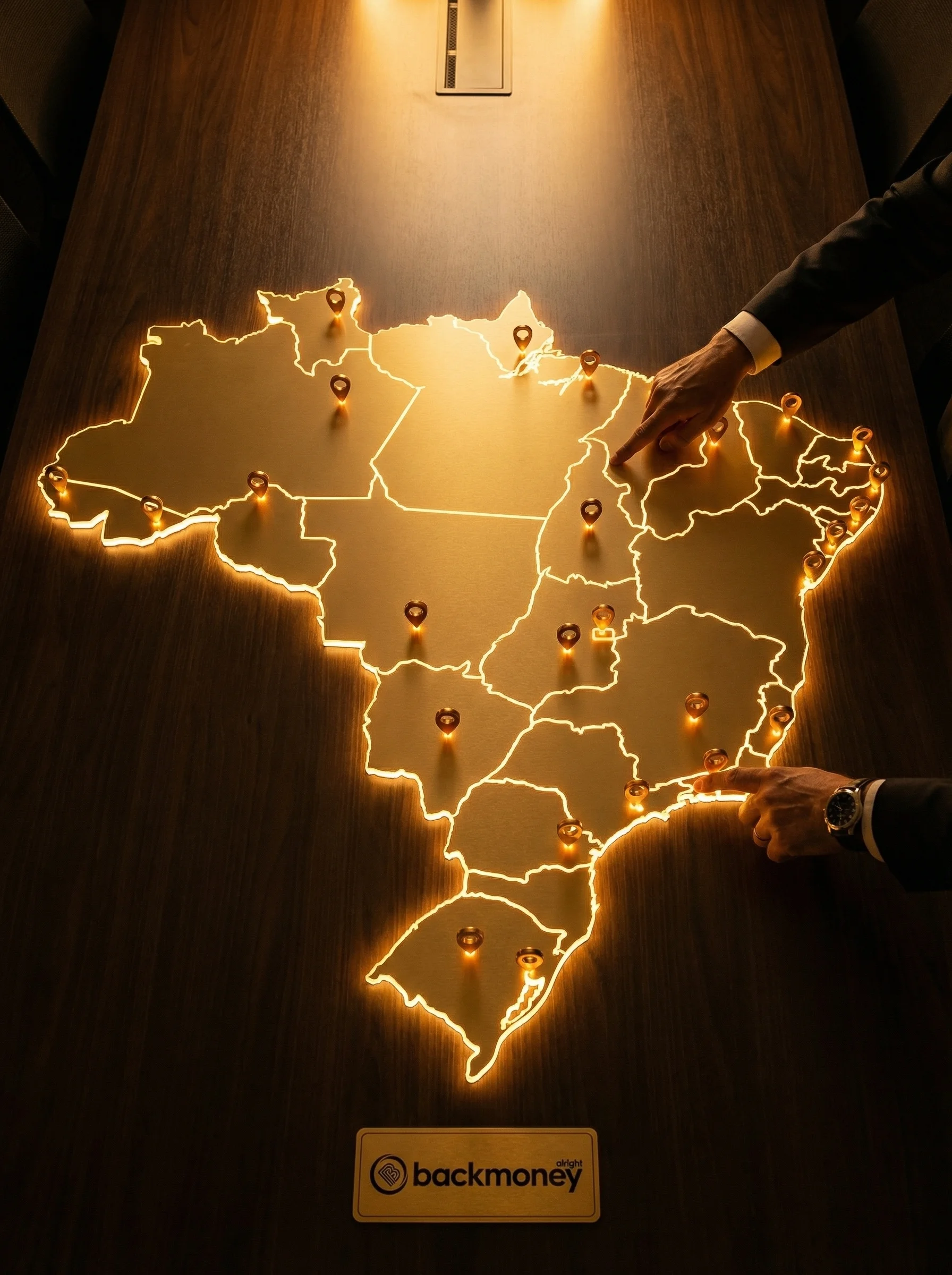 Executivos ao redor de mapa iluminado do Brasil com marcadores dourados BackMoney nas cidades