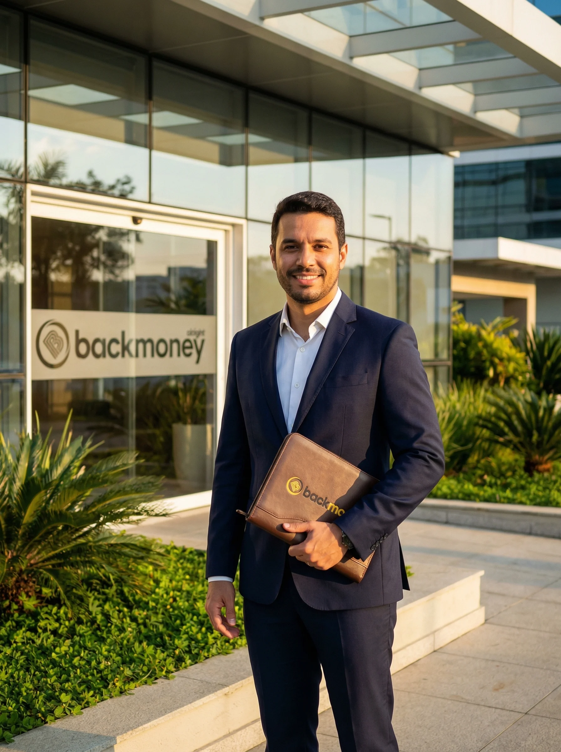 Empresário de terno escuro em tech park moderno com entrada de vidro BackMoney em São José dos Campos