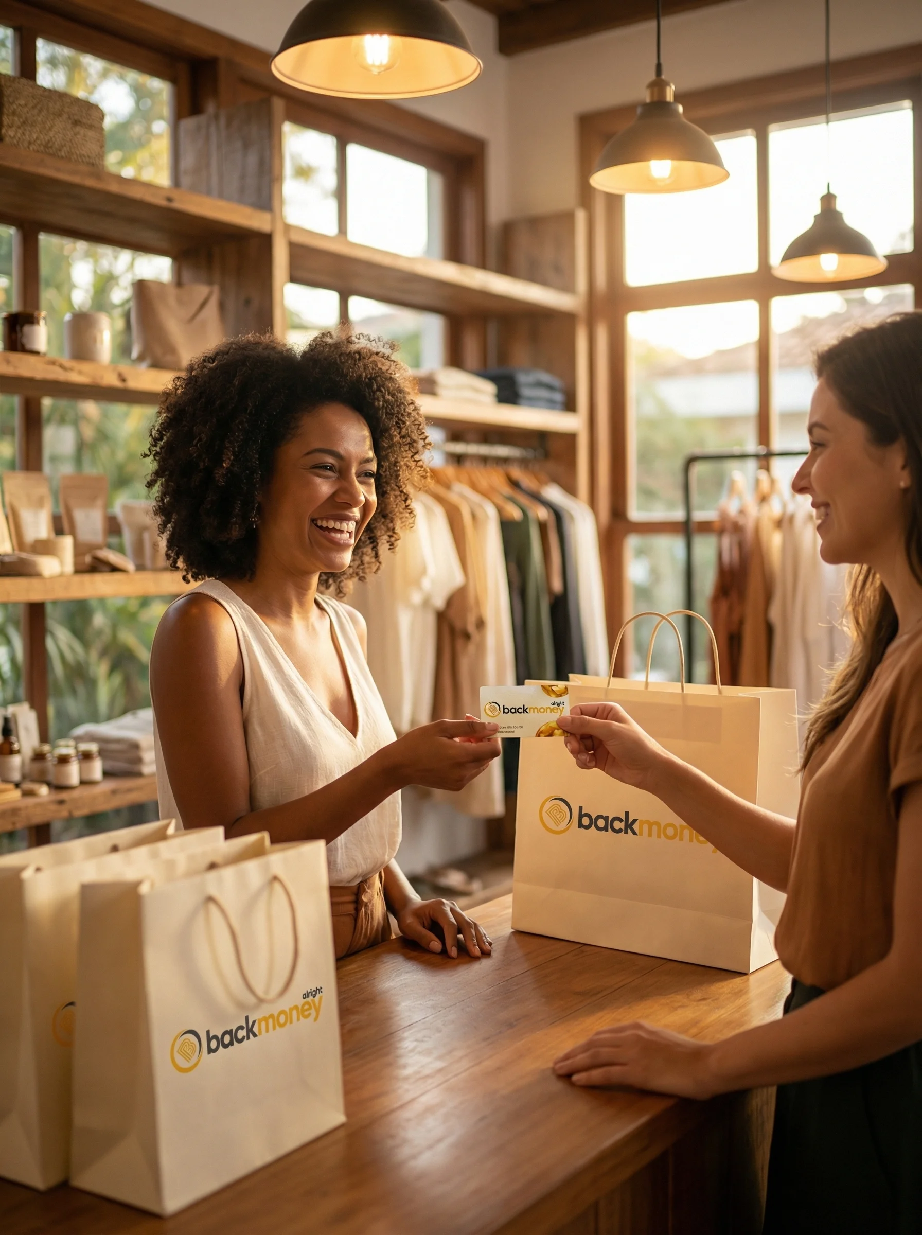 Cliente brasileira recebendo voucher cashback BackMoney de atendente em boutique com sacolas branded