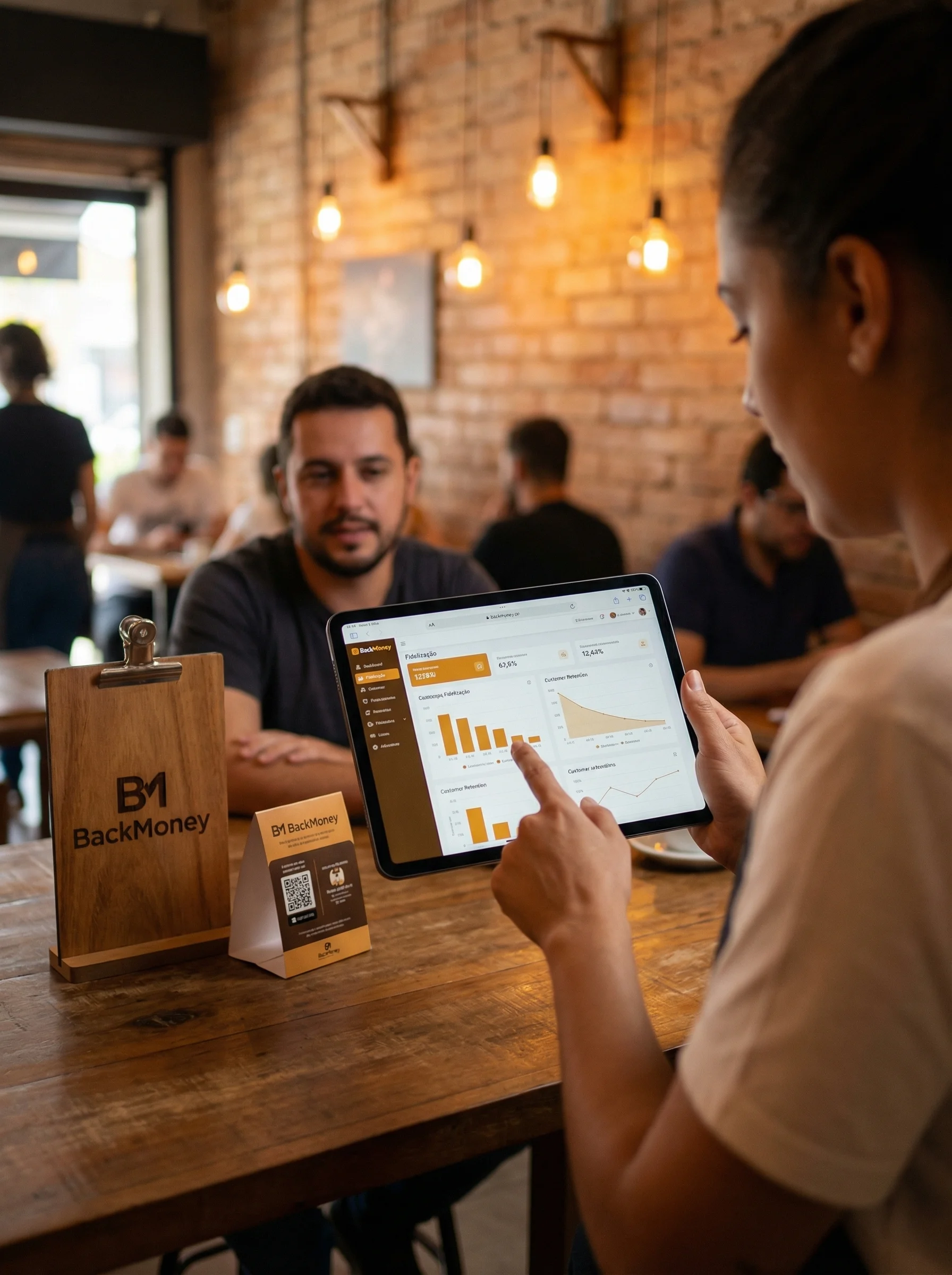 Dono de café mostrando dashboard de fidelização BackMoney em tablet para cliente em mesa de madeira com parede de tijolos