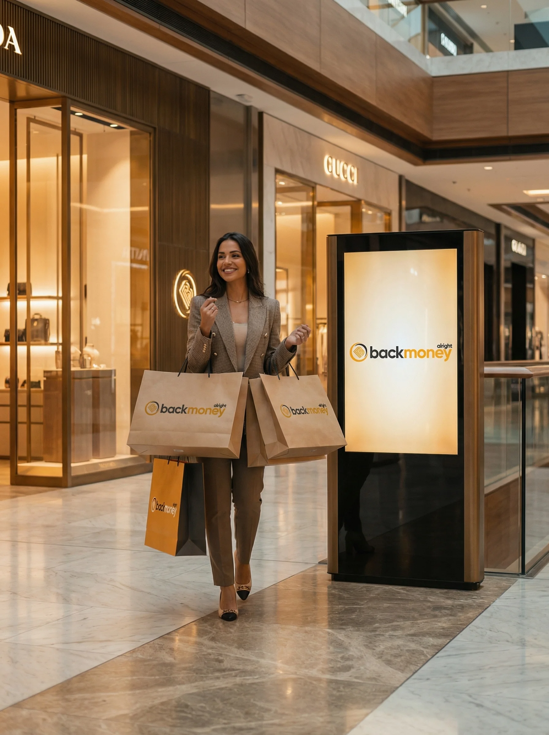 Mulher caminhando em shopping com totems BackMoney e smartphone mostrando app marketplace com produtos