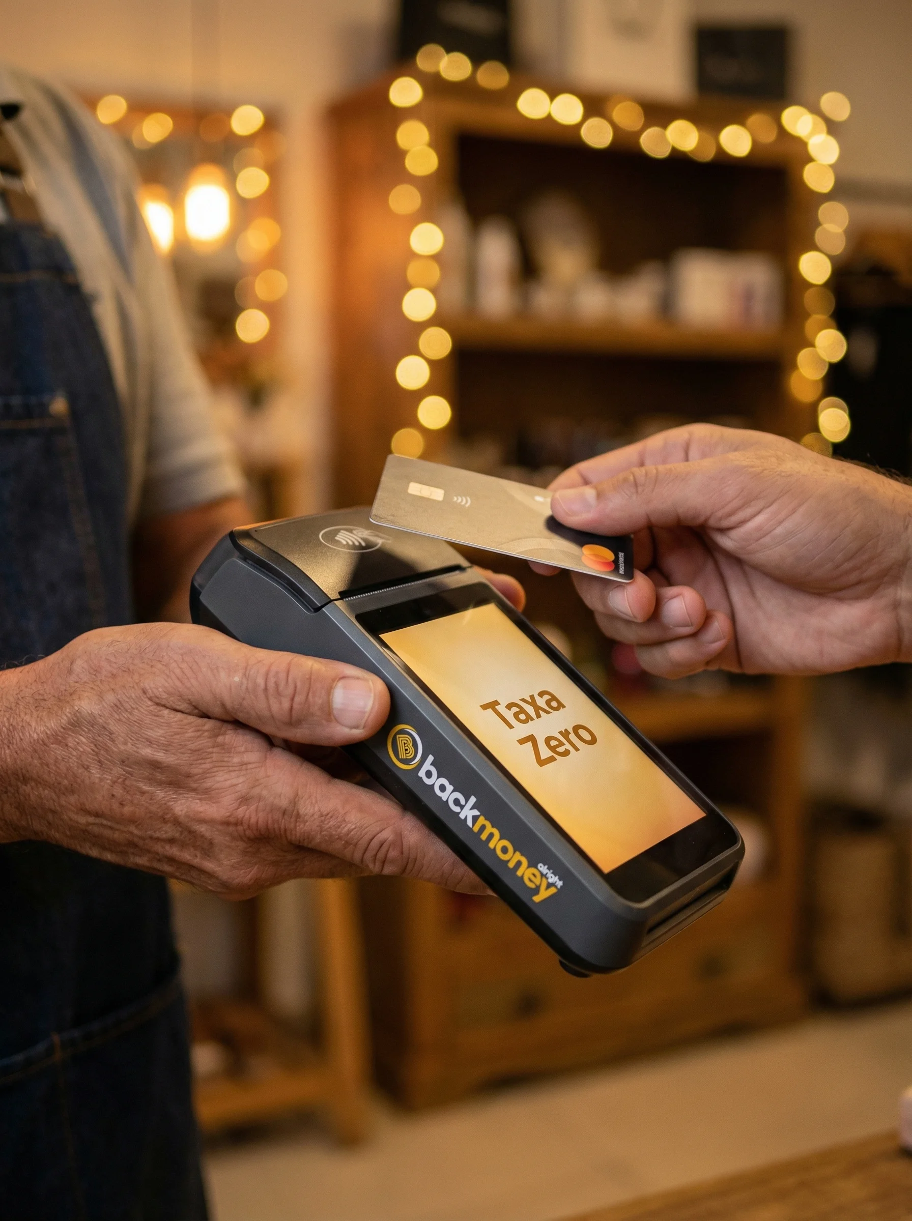 Mãos de lojista segurando maquininha BackMoney com tela mostrando Taxa Zero em texto âmbar durante pagamento contactless