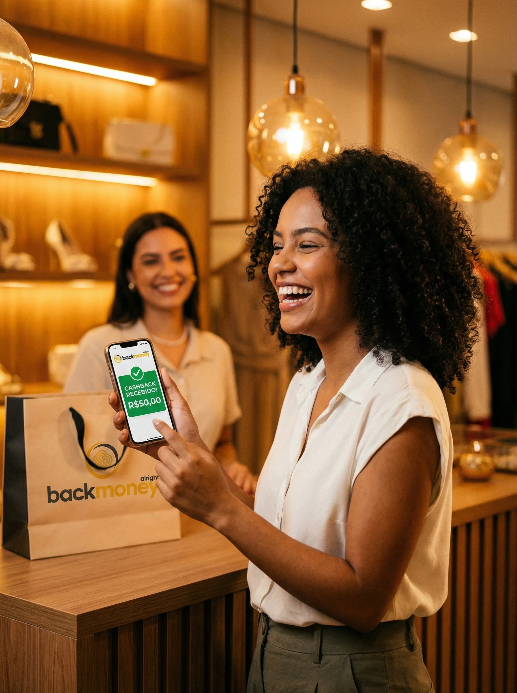 Cliente sorrindo ao receber cashback BackMoney no smartphone em boutique
