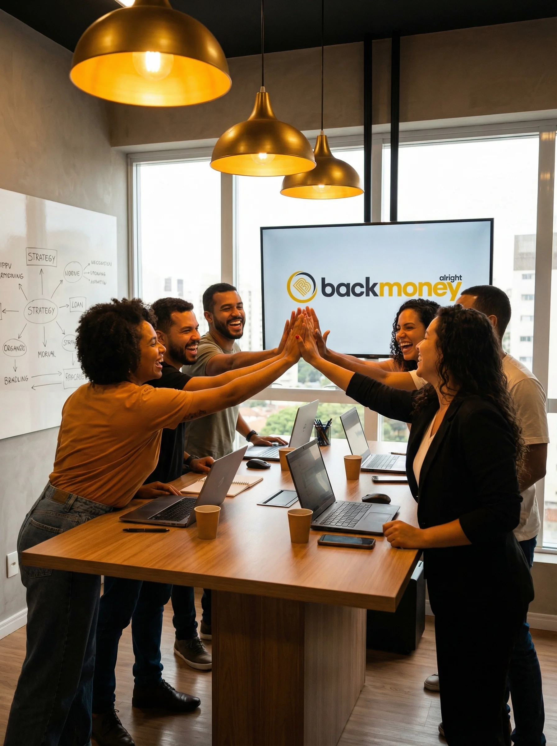 Equipe BackMoney celebrando com high-five em coworking moderno