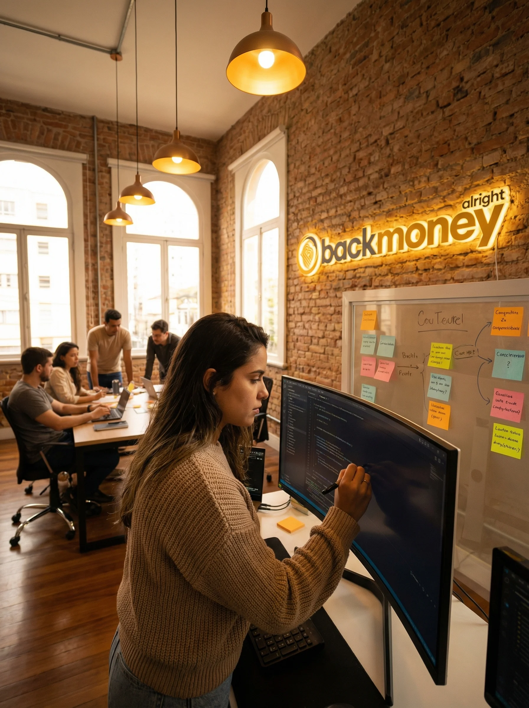 Desenvolvedora BackMoney codando em escritório com parede de tijolos e sticky notes