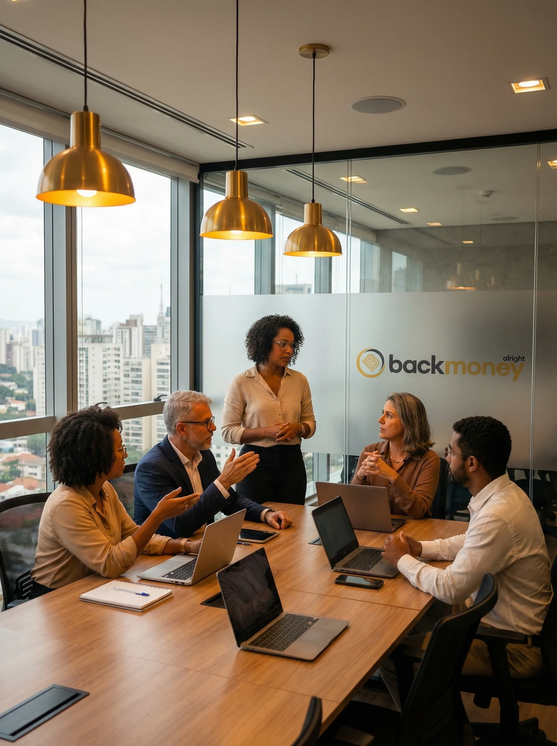 Equipe BackMoney em reunião transparente com paredes de vidro e luminárias douradas