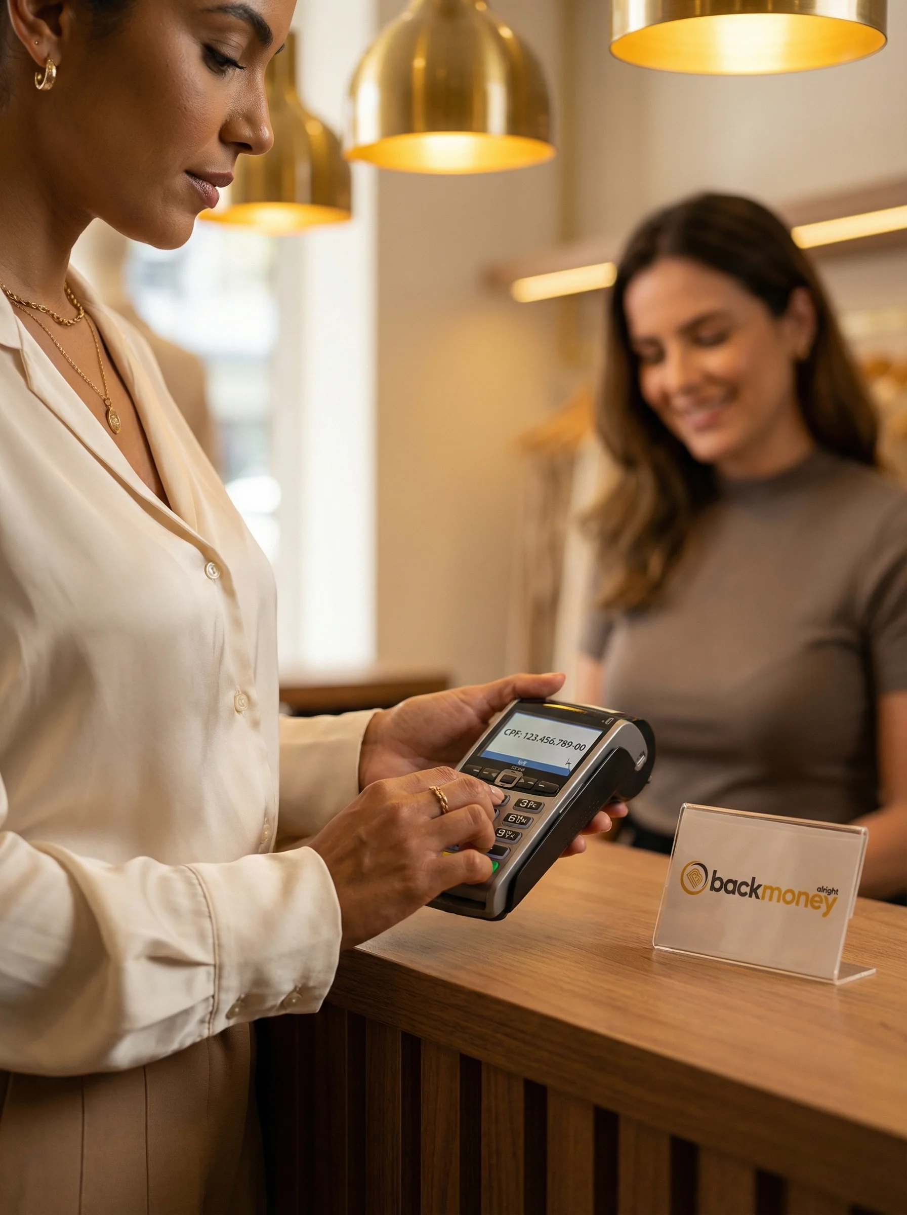 Consumidora digitando CPF na maquininha BackMoney em loja elegante